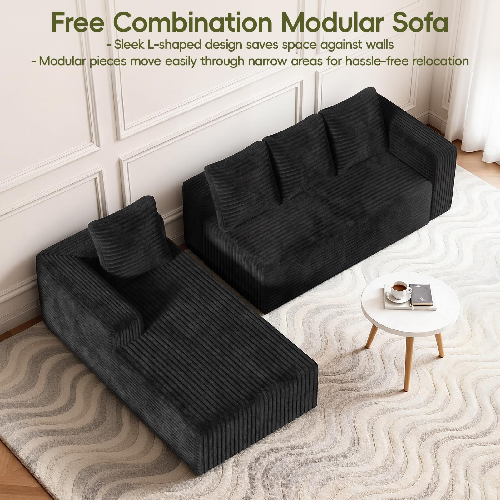 Sofá seccional Cloud en forma de L moderno modular para sala de estar con asientos profundos, sofá tapizado de tela de panel, no requiere montaje, 260 cm de ancho, negro, talla única