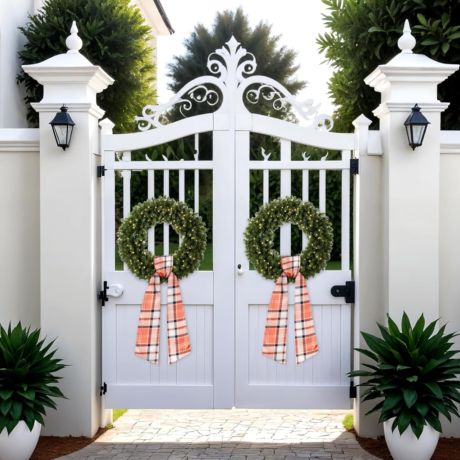 2Pcs Orange Plaid Wreath Sash for Front Door - Blank Satin Sash for Embroidery Monogram - Fall Autumn Accessories for Yard Doorway Outdoor Wall Decor - Image 7