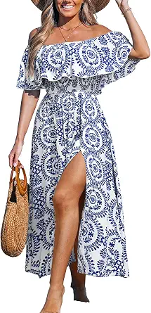 Womens Ruffle Floral Maxi Summer Dress Off Shoulder Beach Dress | Tube neck Short sleeve, Backless Flounce bodice, Elastic waist Side slit Hem, Casual Vacation Wedding Guest Resort Wear