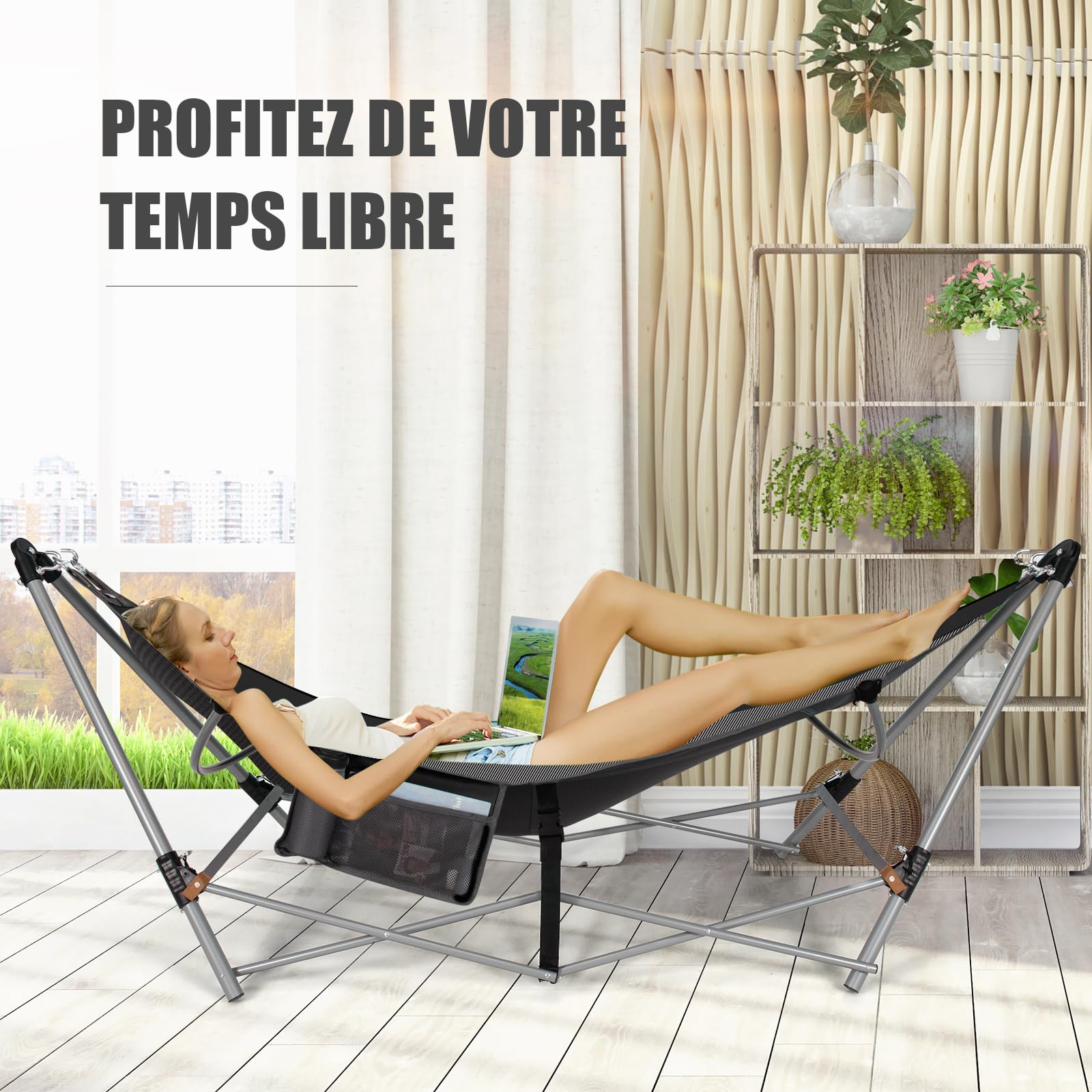 COSTWAY Hamac sur Pied, Hamac Pliant avec Support Métallique et en Tissu d’Oxford, Poche Latérale et Boucles Anti-Basculement, pour Porche, Patio, Jardin, Charge 150KG, 227 x 82 x 89CM