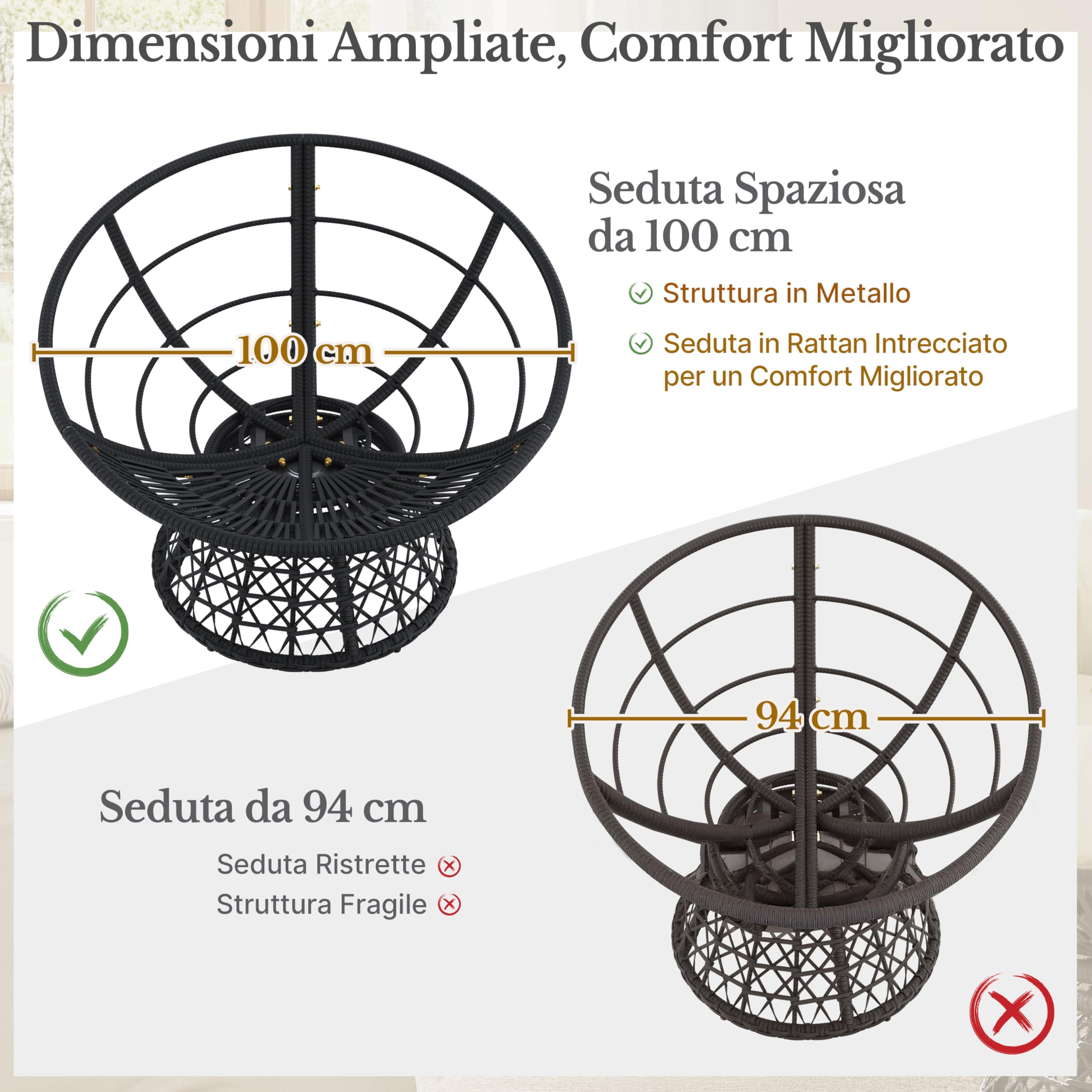 Yaheetech Poltrona da Giardino Girevole 360° Rattan Sedia Dondolo Rotonda Papasan Cuscino Diametro 120 cm Nero/Beige