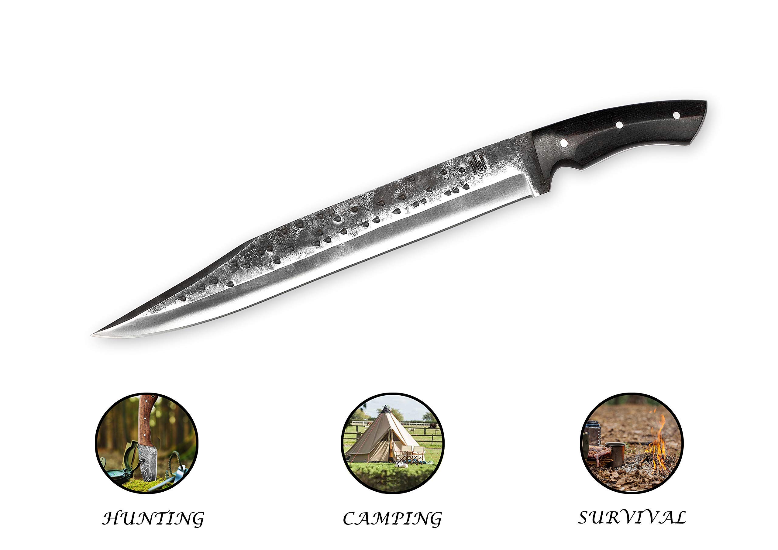 Hobby Hut HH-101, Handgemachtes Jagdmesser mit Scheide, 1095 Stahl, Bowiemesser, Micarta Griff, lederscheide