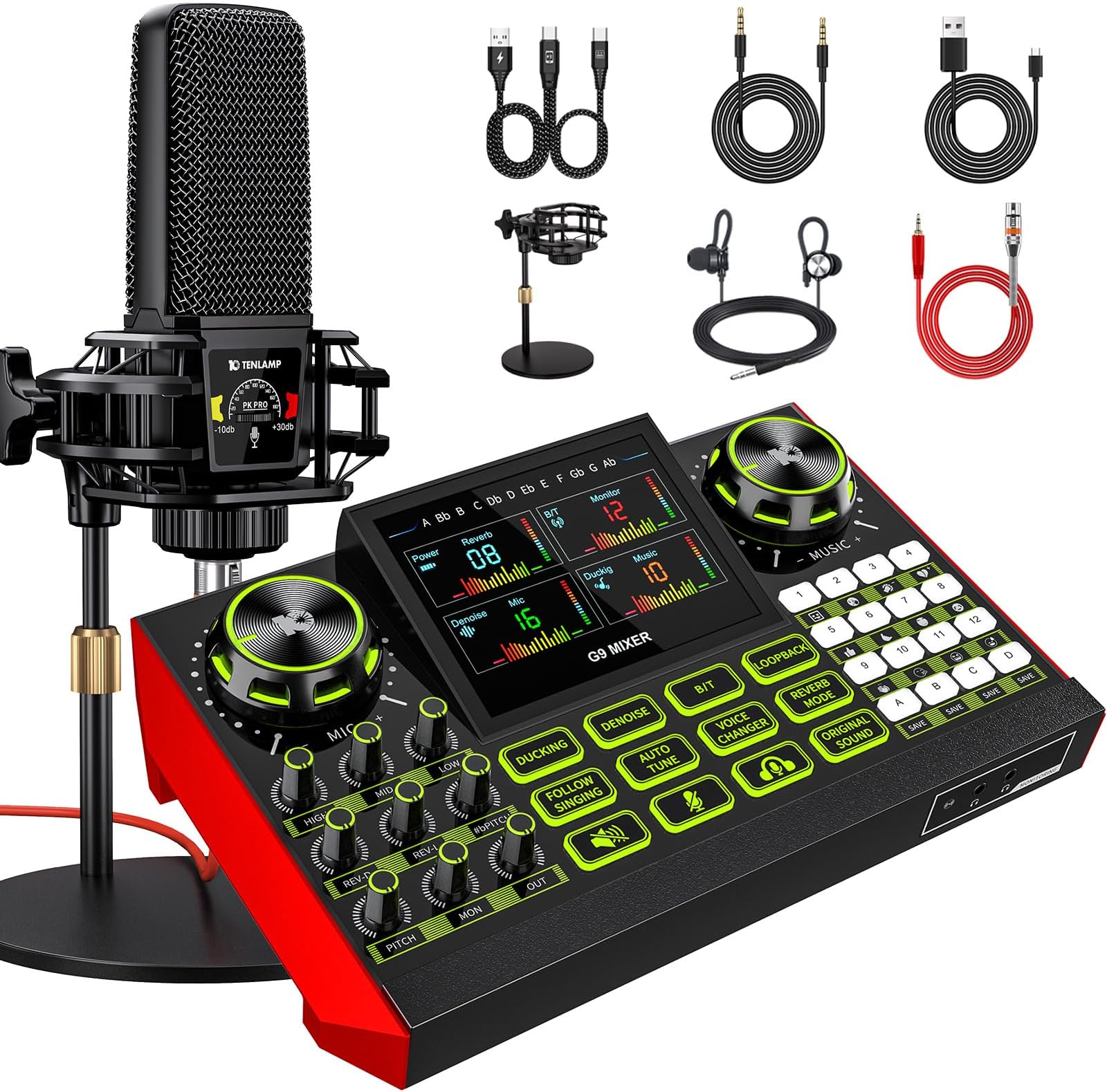 Podcast equipment bundle with live sound card audio mixer, podcast equipment with 3.5mm microphone, soundboard for phone, computer, live streaming, singing, recording, and content creation.