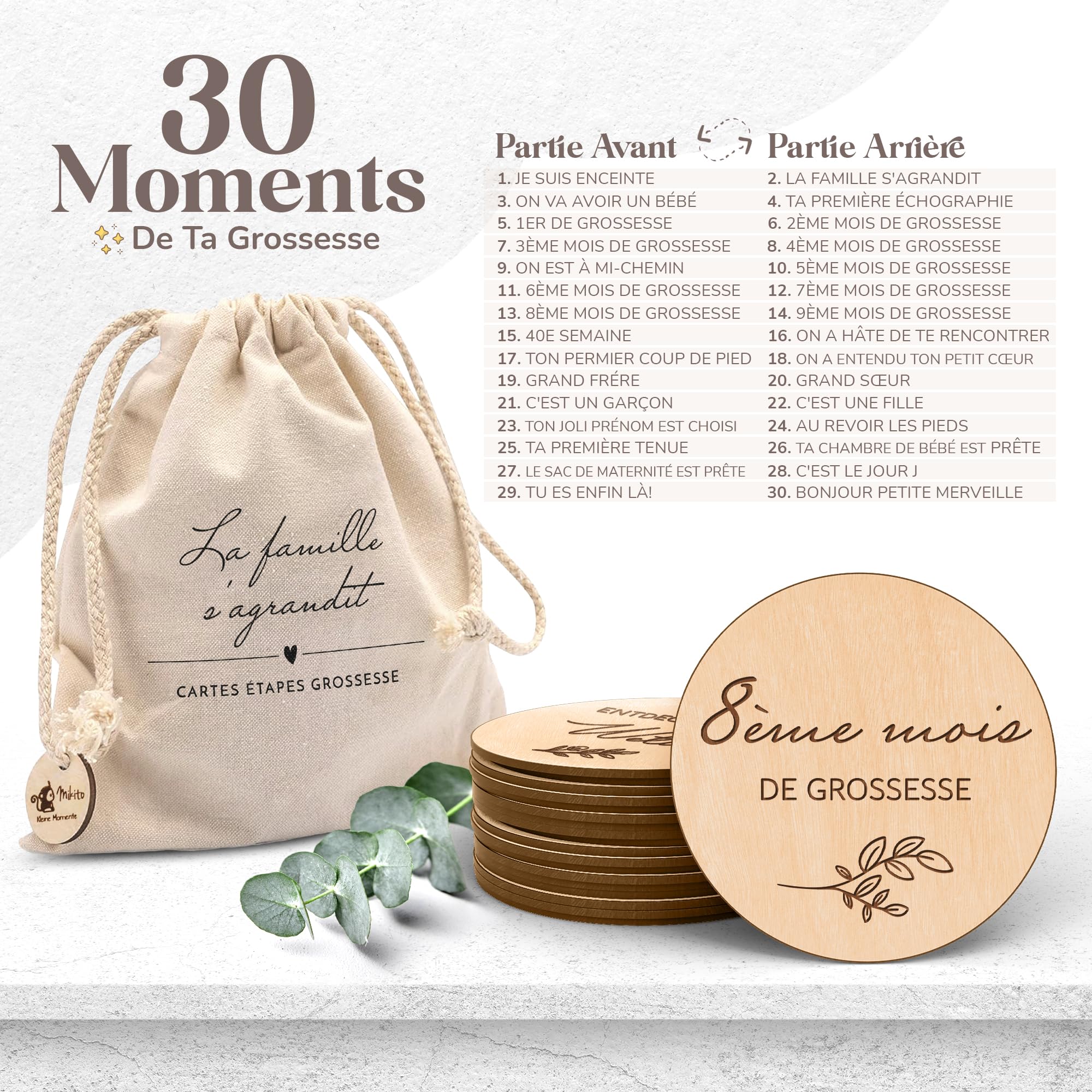Wooden Pregnancy Cards in French, 30 Important Moments from Pregnancy to Birth on 15 Wooden Slices Engraved on Both Slices - Image 3