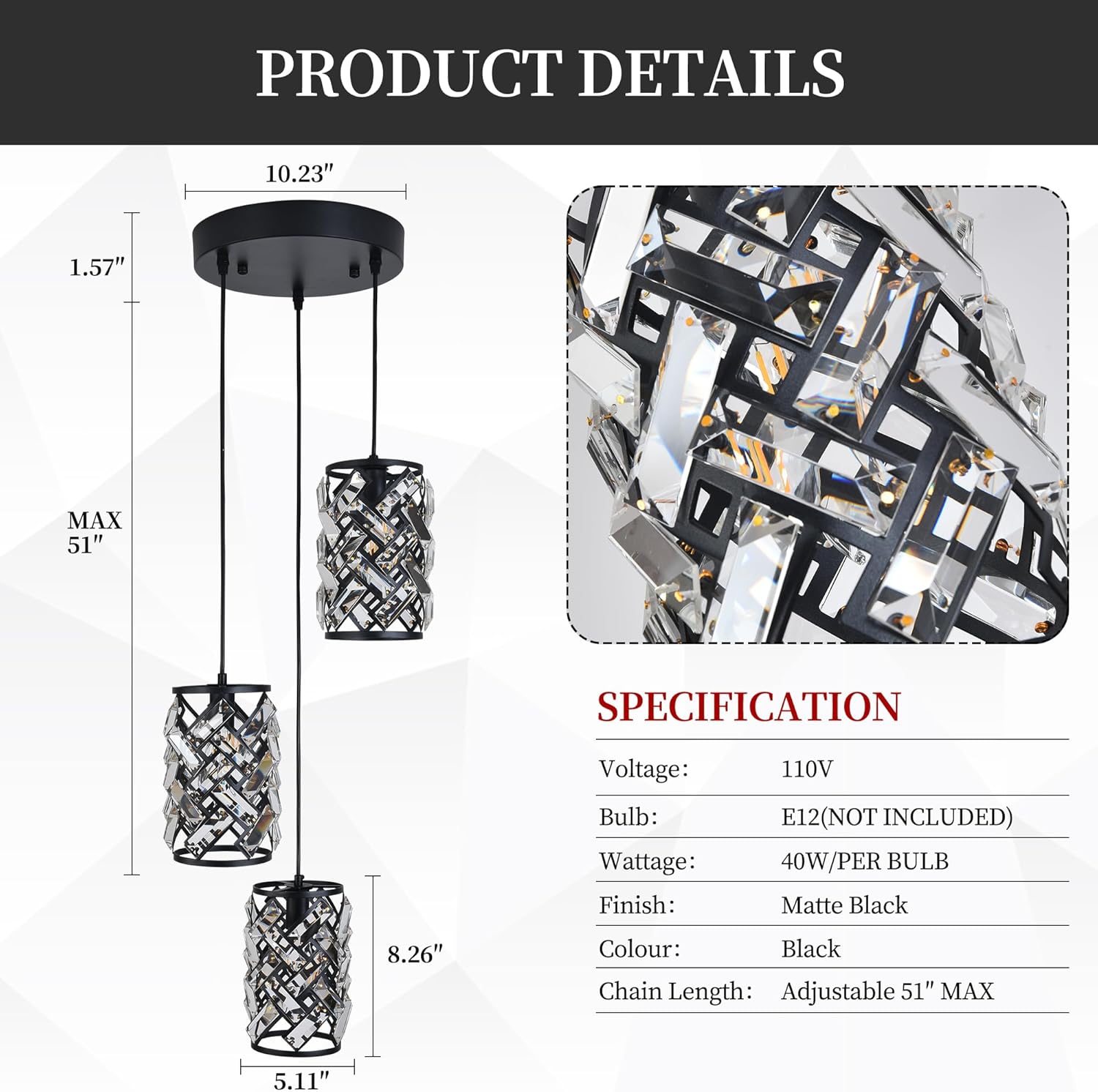 Black Crystal Pendant Lights Kitchen island, Adjustable Hanging Chandelier with Ambient Lighting, 51 Inch Chain, E12 Base, Plated Modern Farmhouse Fixture for Dining Room, Bedroom, Living Room