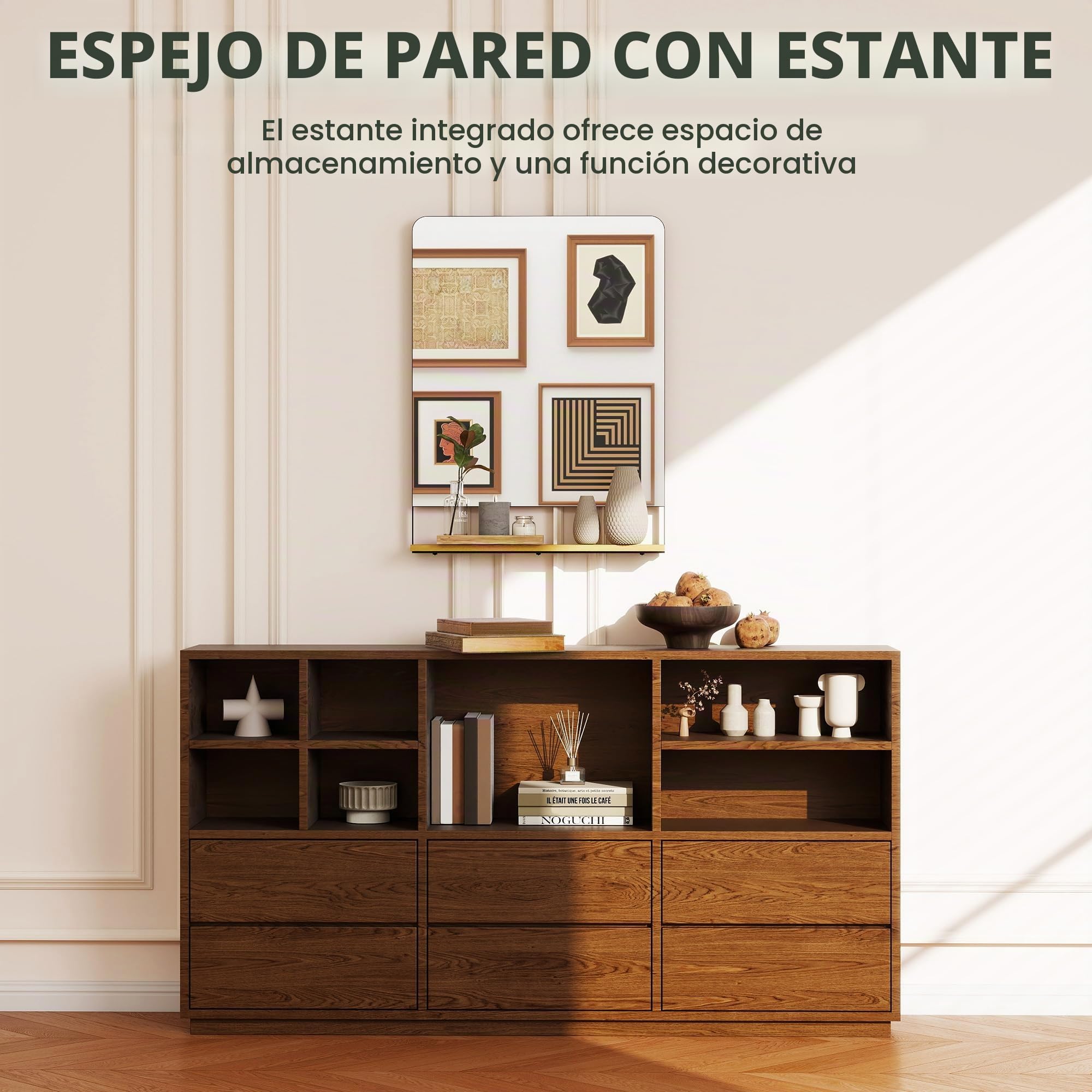 HOMCOM Espejo pared con estante madera 80x60 cm Marco metálico negro | Espejo rectangular, para entrada, salón, baño