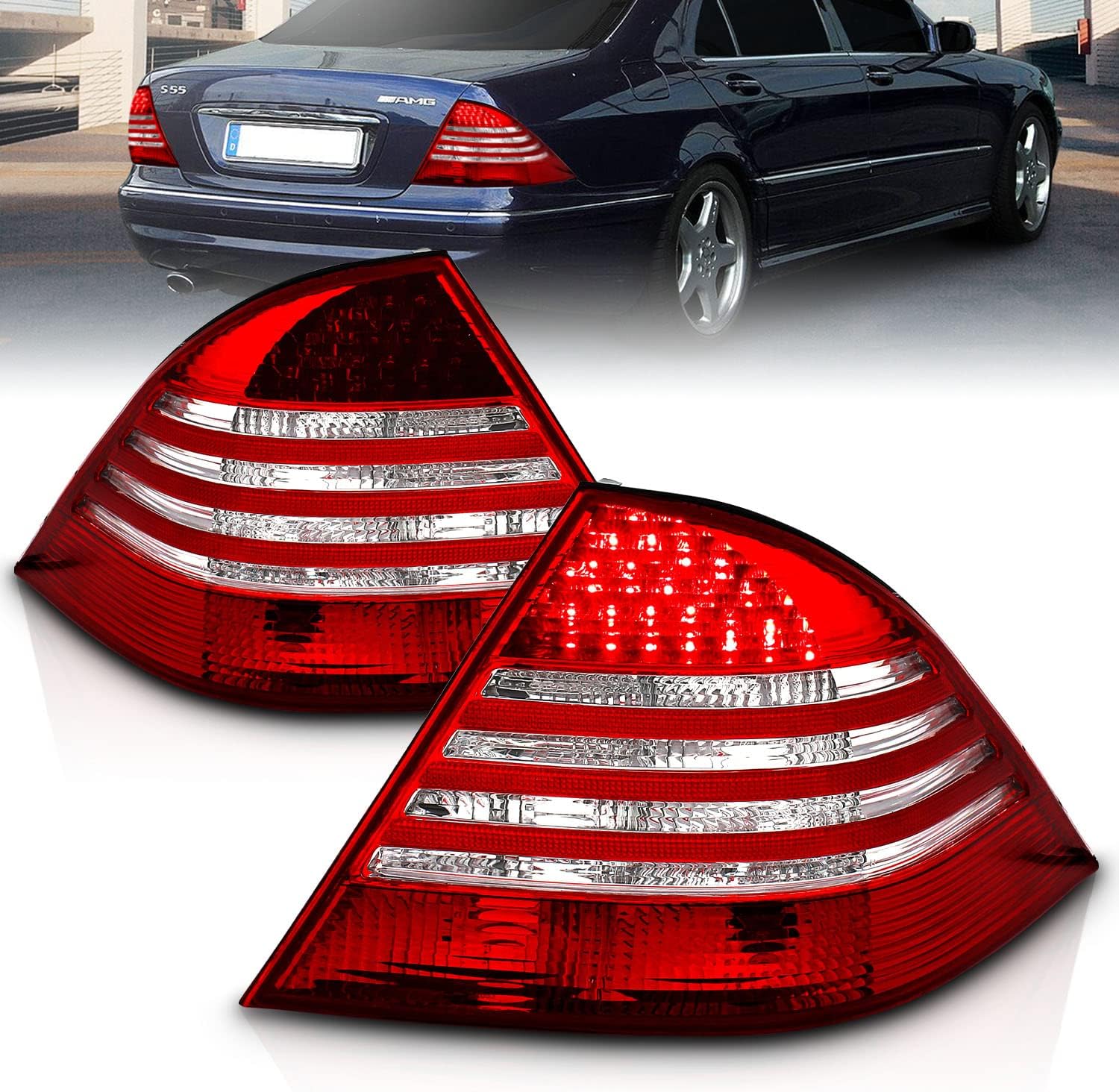 AmeriLite LED Taillights Red/Clear For Mercedes Benz S Class W220 - Passenger and Driver Side