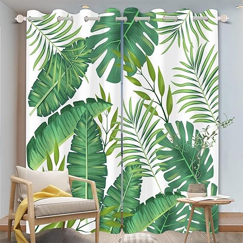 SHROUDEX Tropische Pflanzen Vorhänge Blickdicht Palmblätter Gardinen, Tropische Pflanzen Verdunkelungsvorhänge, Monstera Vorhang Mit Ösen Für Schlafzimmer (2,220×215BxH (110×215cm×2))