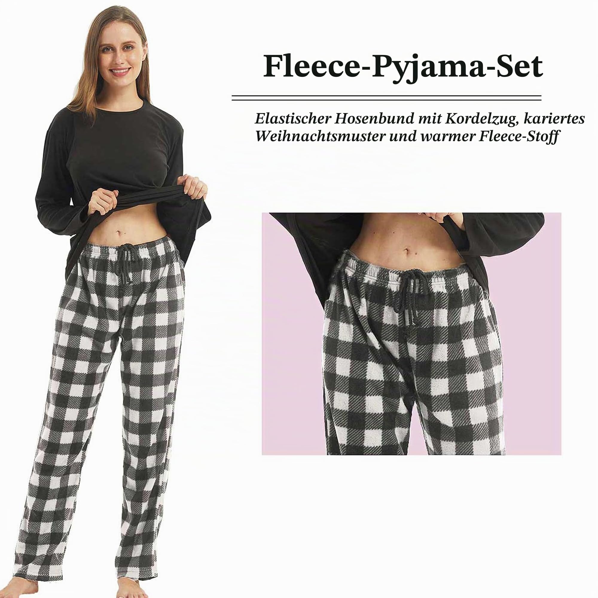 YUSHOW Schlafanzug Damen Lang Zweiteiliger Winter Pyjama Lange Oberteile Microfleece Karierte Pyjamahose Hausanzug Kuschelig Frauen Weihnachts Lounge Set