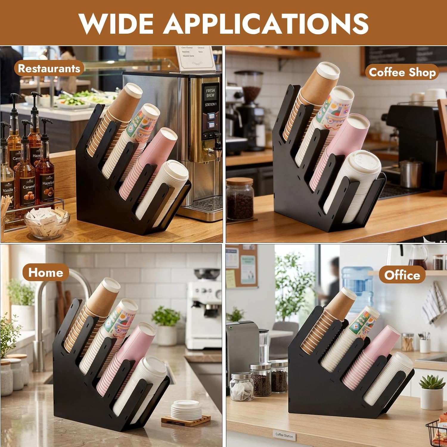 CURTA 4 Compartment Splicing Disposable Paper Cup Dispenser, Coffee and Lid Storage Organizer Holder for Countertop Bar,Restaurant,Breakroom,Party, Black