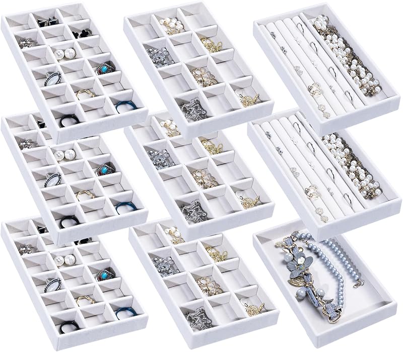 Jewelry Trays for Drawer,Set of 9 Jewelry Organizer and Storage | Velvet Material,Earring Holder Organizer,Stackable Jewelry Display for Vanity,Drawer Inserts for Rings,Studs,8.3×4.9 inch