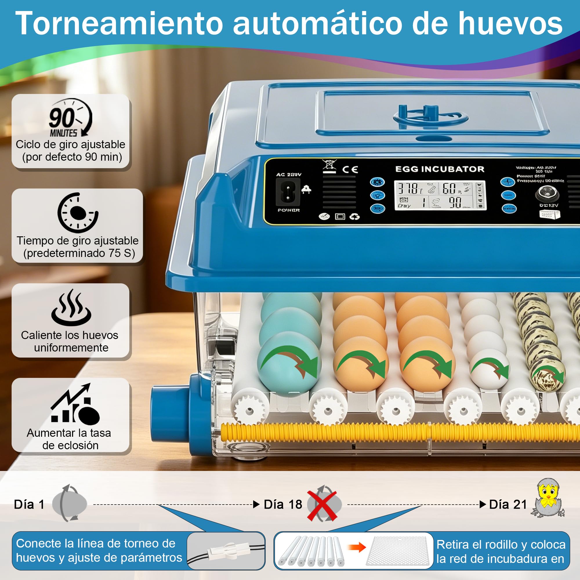 Incubadora de huevos para incubar pollos con control de temperatura y giro automático (azul, 36 huevos)