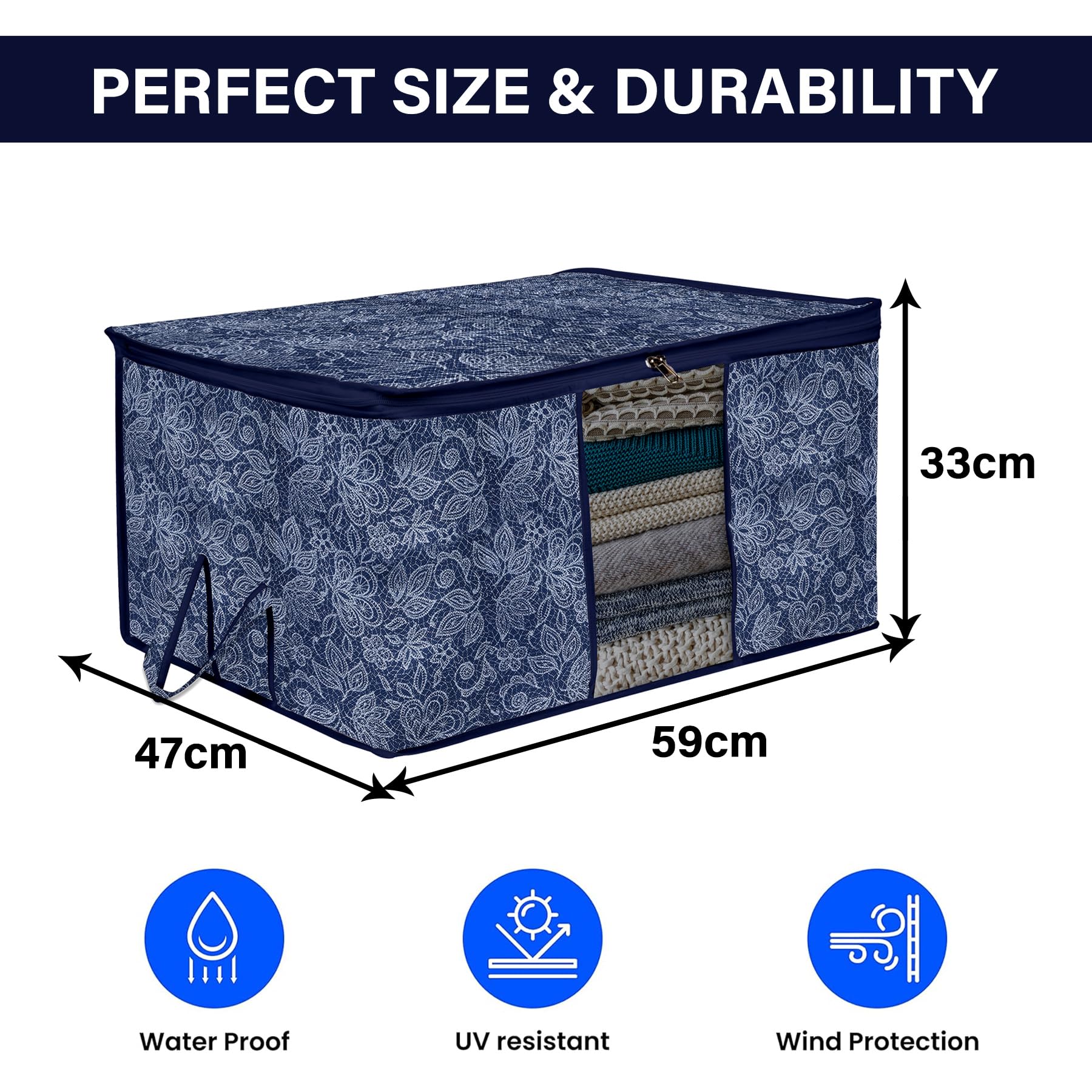 Kuber Industries Unterbett-Aufbewahrungstasche, Kleideraufbewahrung, Organizer, Sichtfenster, Schrank-Organisation mit Griff, Blumendruck-Aufbewahrungstasche, 6 Stück, Marineblau