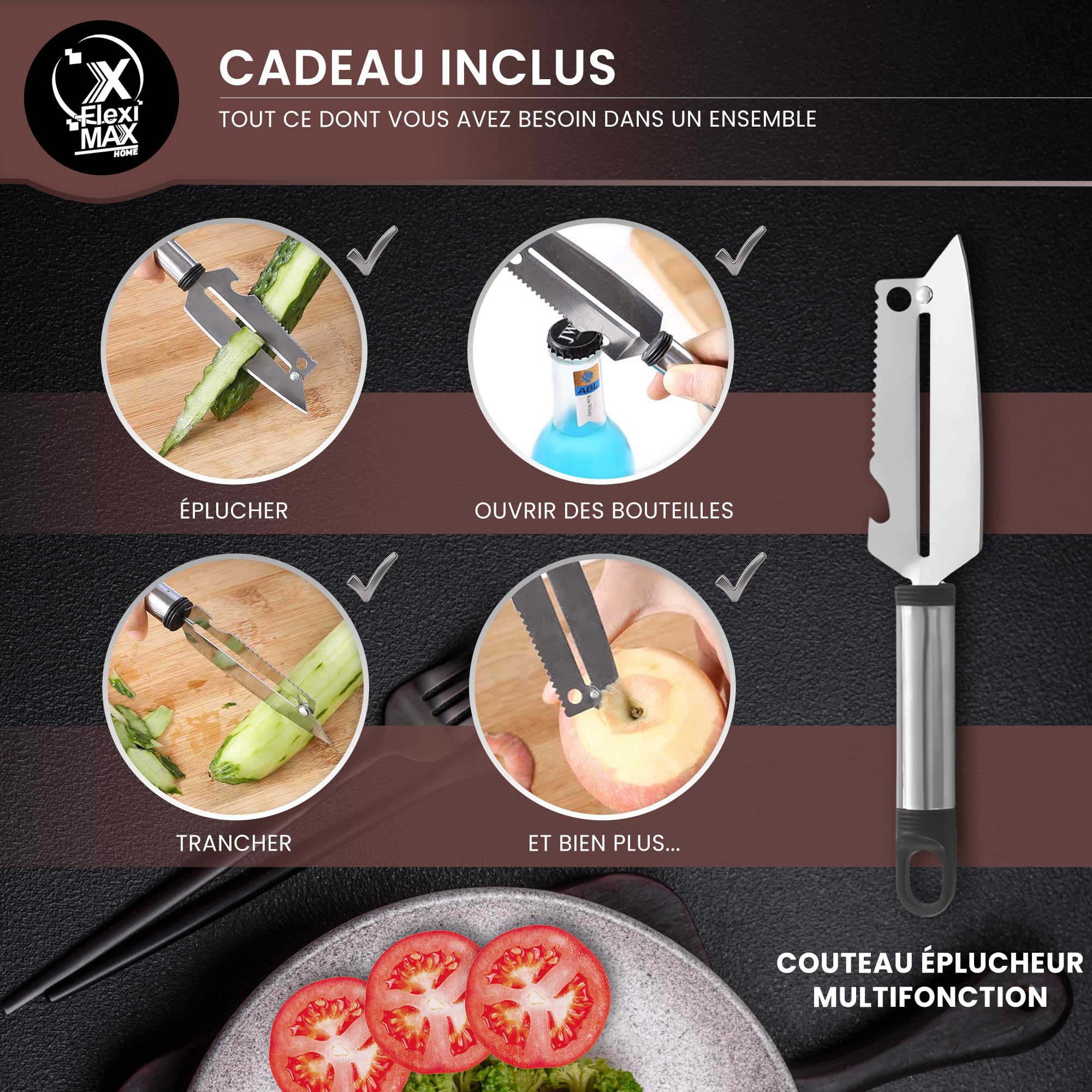 couteau cuisine couteaux de cuisine de Couteaux Chef 8”, Santoku 7”, Utilitaire 5” et Éplucheur couteau de cuisine