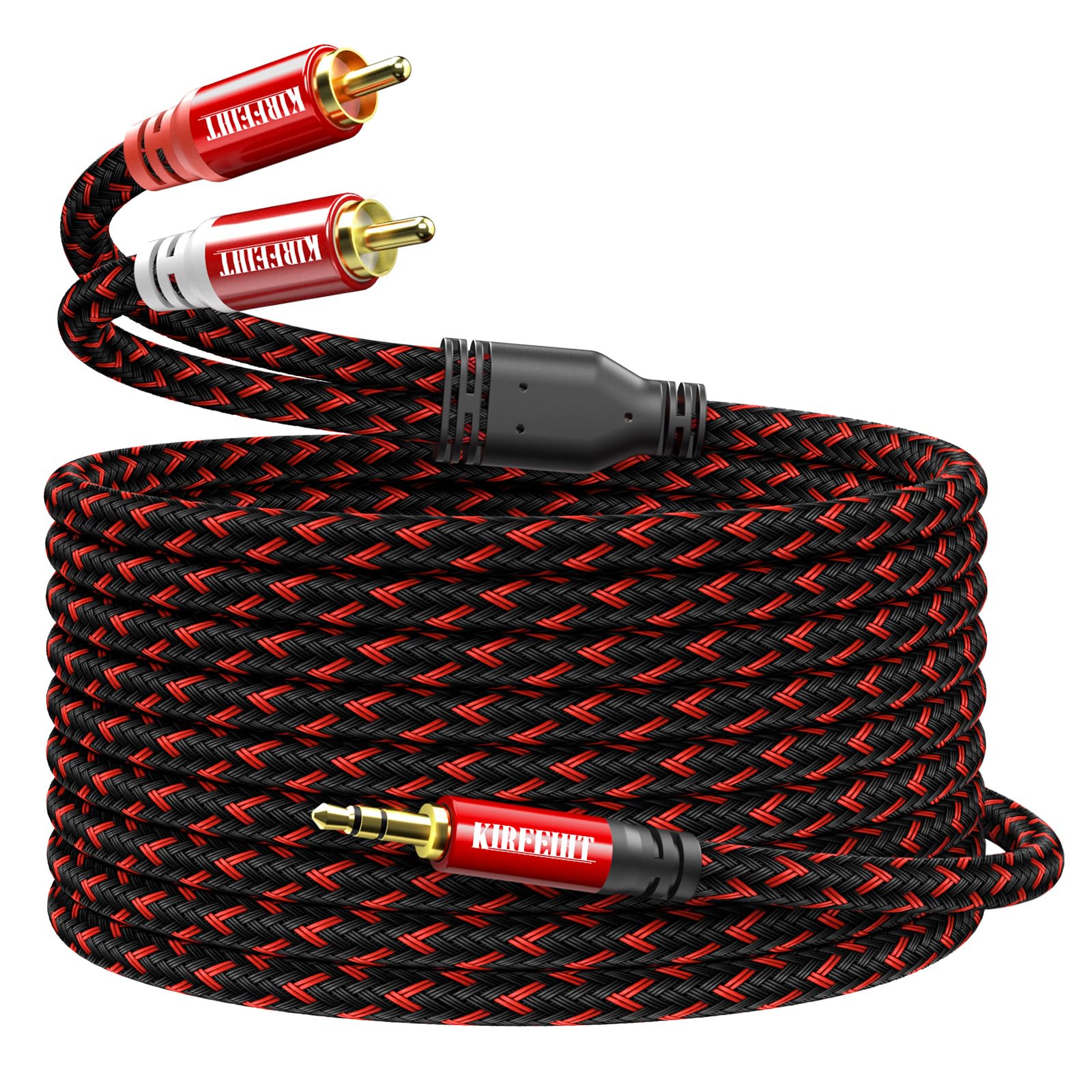 KIRFEIHT Cable de audio RCA a 3.5 mm, cable AUX OFC de 30 pies RCA con conectores trenzados de nailon chapado en oro de 1/8 para smartphones, tabletas, altavoces, HDTV, amplificadores, rojo y negro