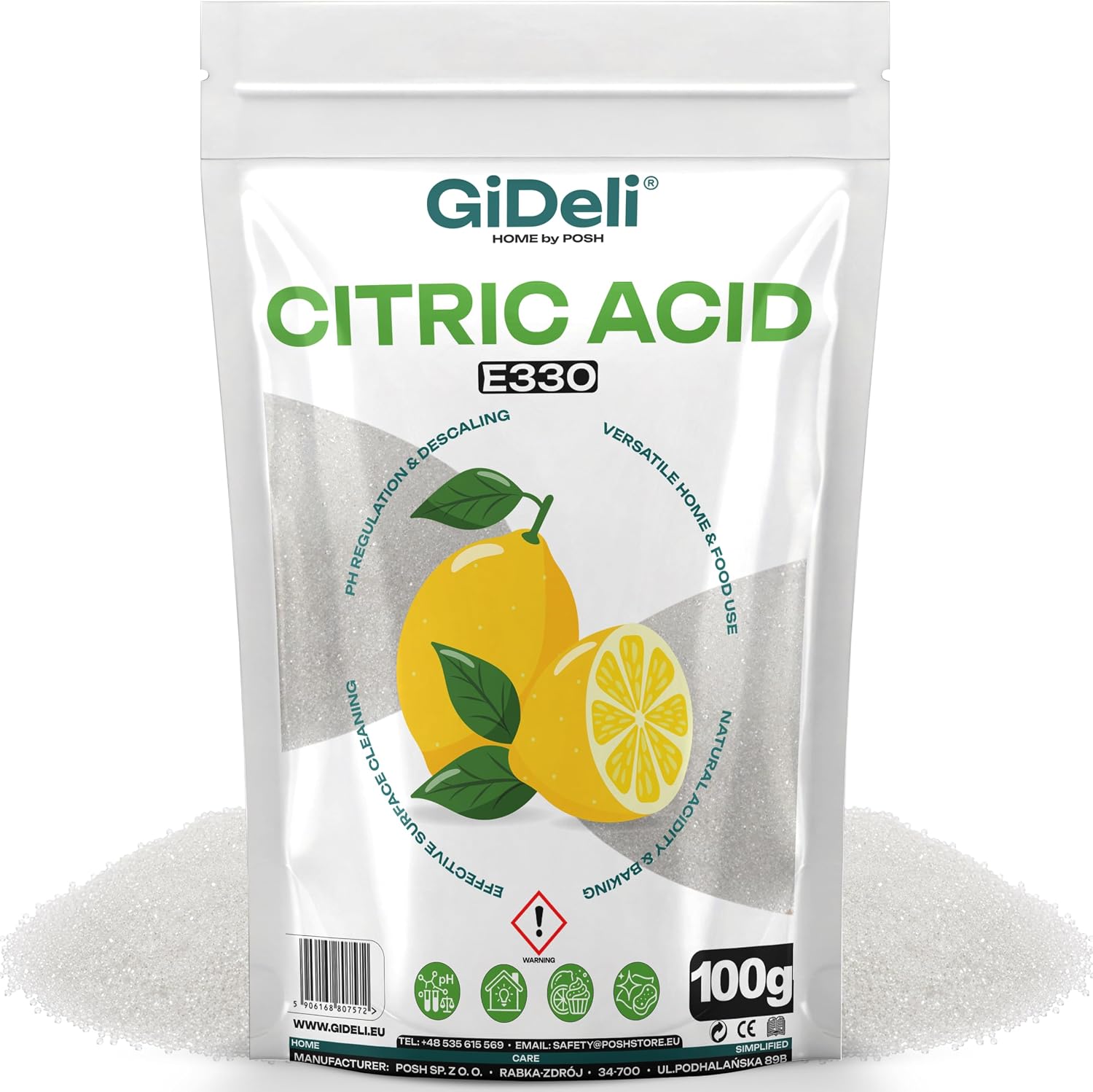 GiDeli Kwas Cytrynowy 100g - E330 Jakość Spożywcza w Proszku - Regulator Kwasowości Idealny do Czyszczenia, Odkamieniania, Pieczenia i Gotowania - Produkt Naturalny bez GMO