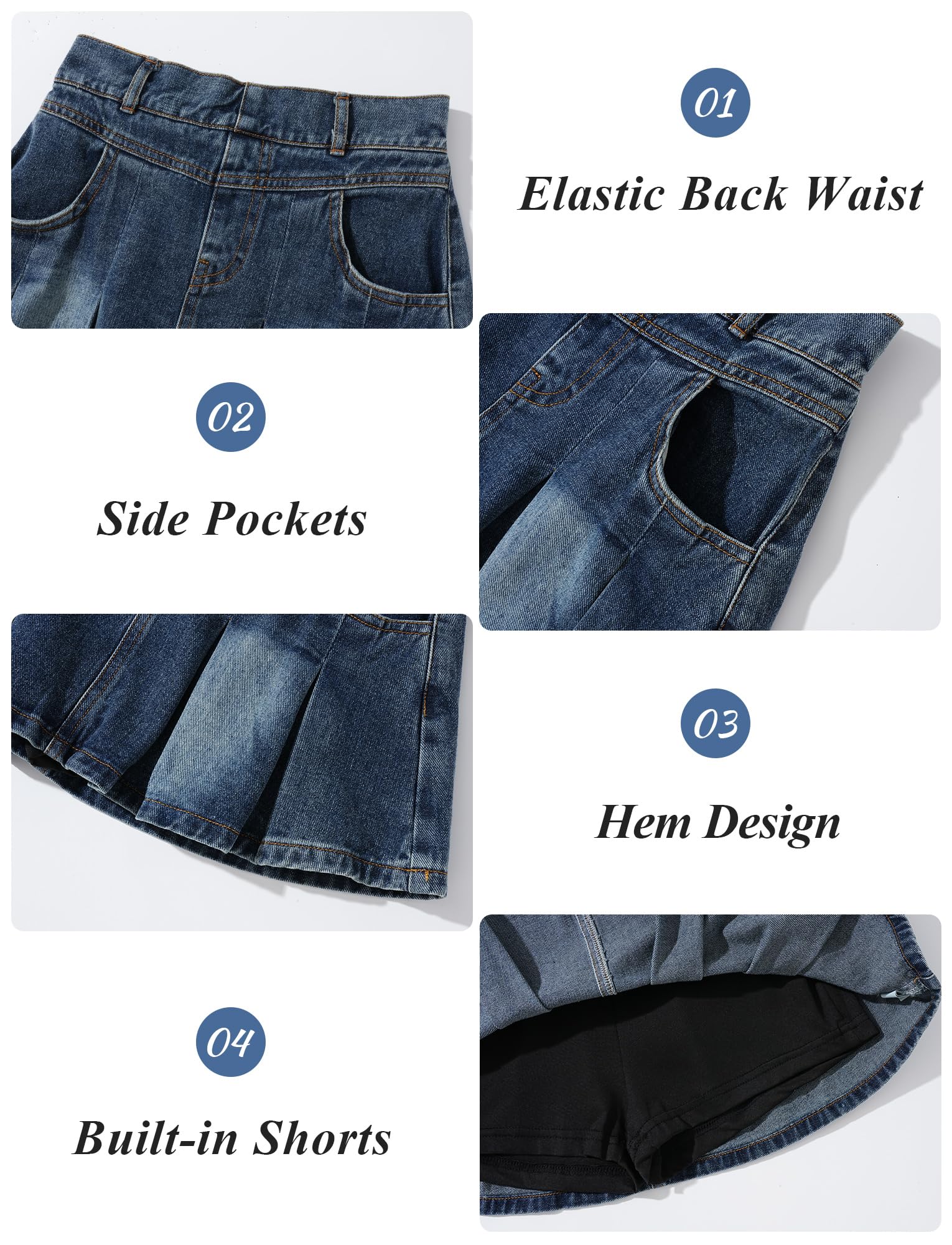 Gonna in denim da ragazza, con elastico in vita, a pieghe, mini gonne di jeans con pantaloncini integrati sotto