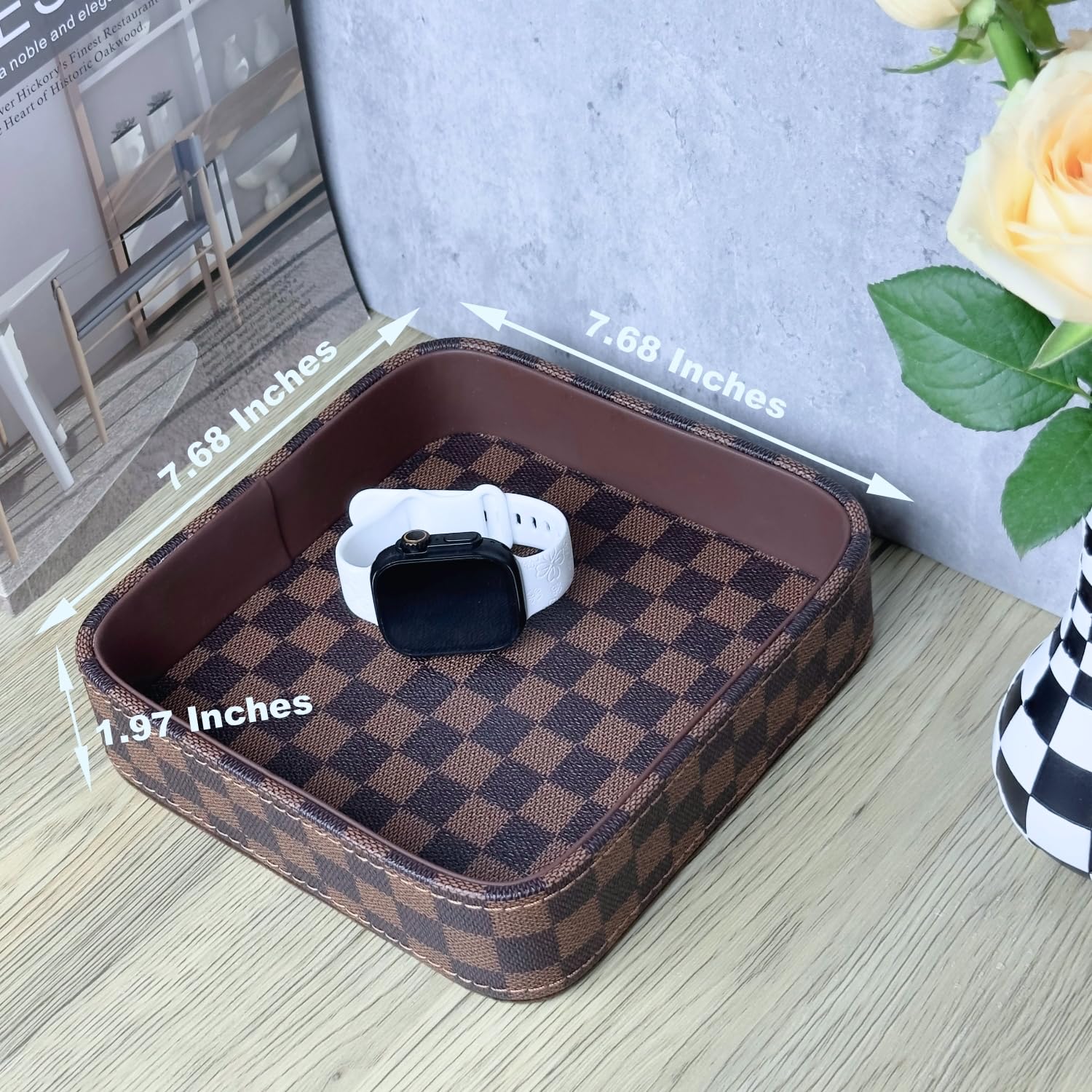 Bandeja de cuero para hombres, organizador de colonia para hombres, bandeja de volquete EDC, bandeja para atrapar todas, cuencos para llaves/bandeja/soporte para mesa de entrada, a cuadros,