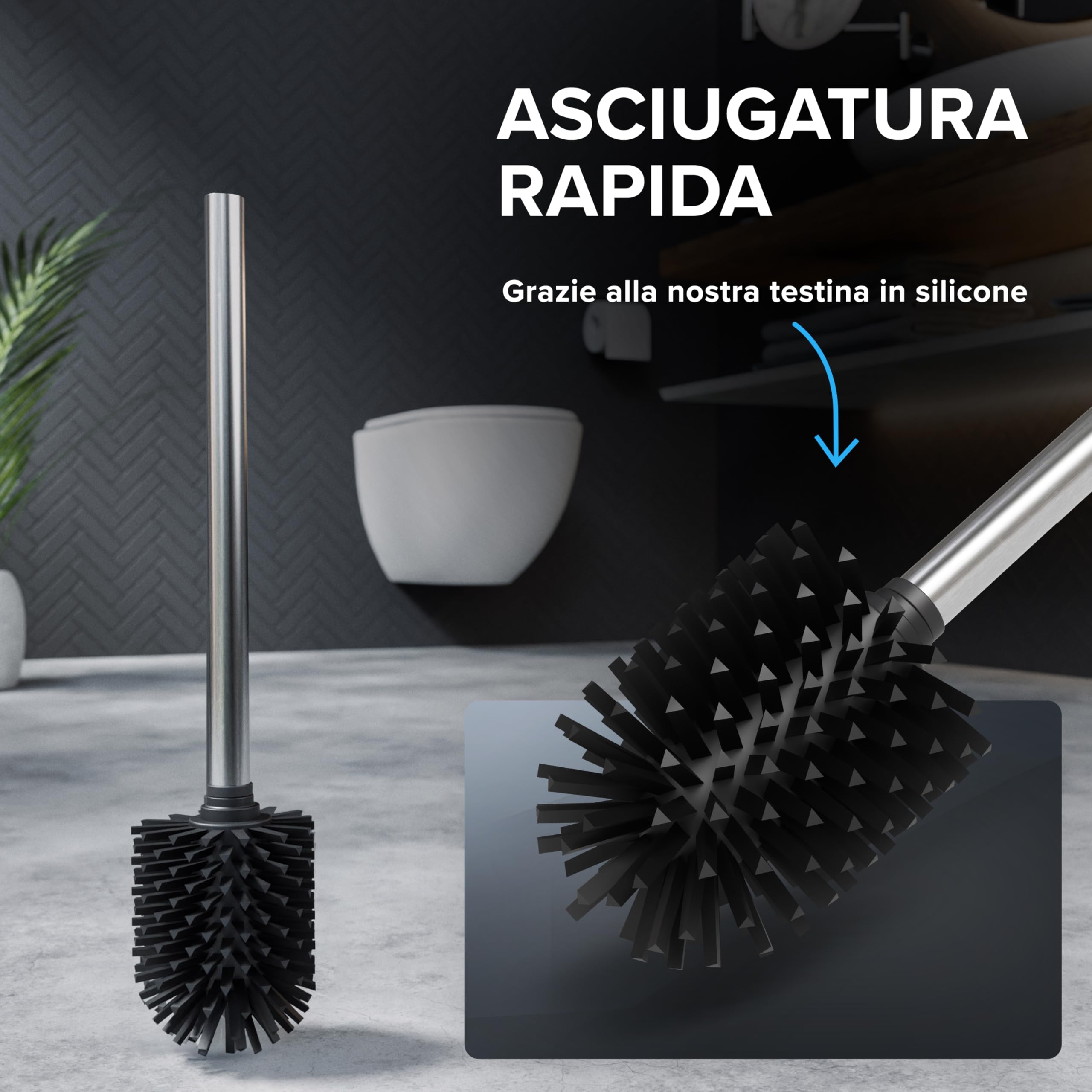 ovimar spazzola di ricambio Vesborg |set di 2 manici e 2 testine | argento | manico in acciaio inox | spazzola per WC con testina in silicone in nero | spazzola per WC con testina sostituibile