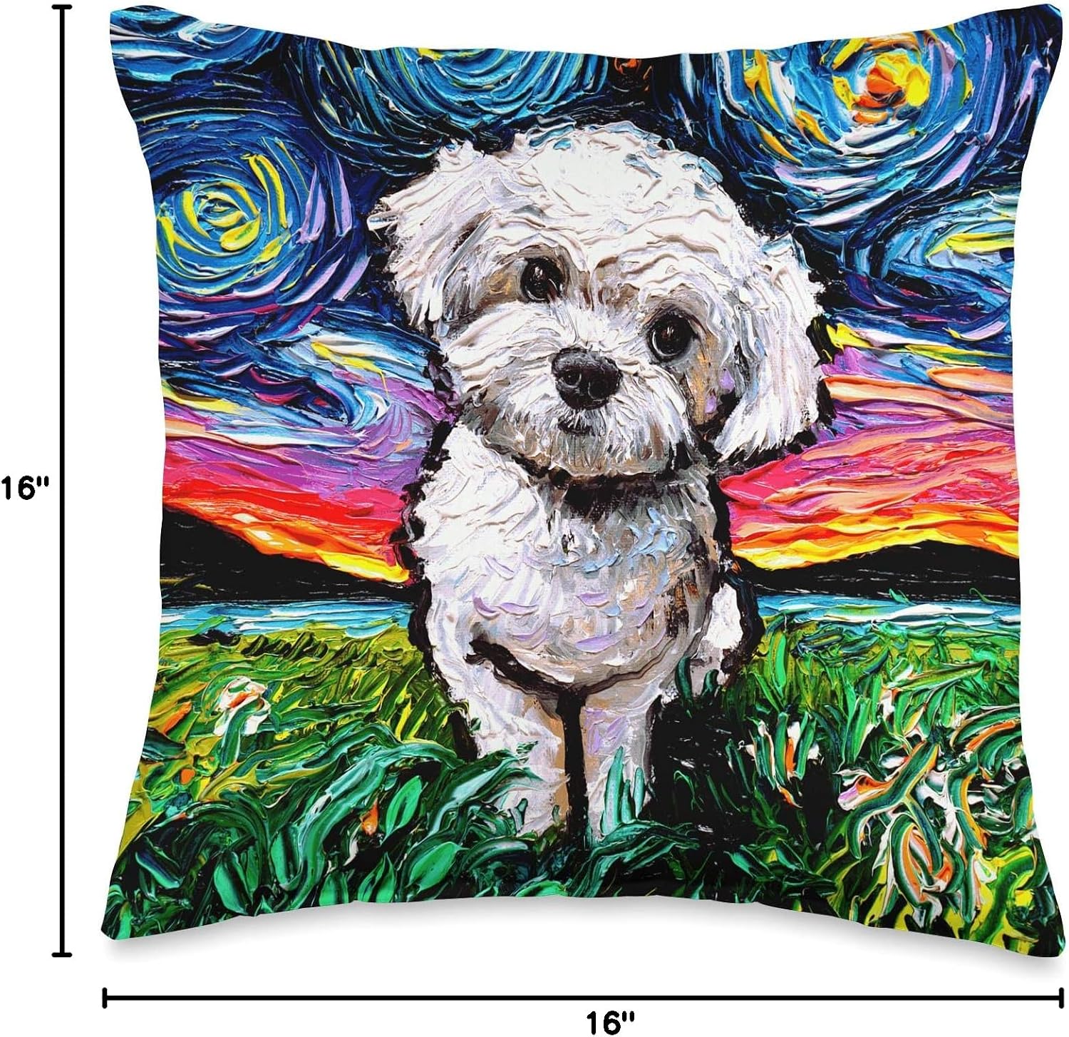 Maltipoo Starry Night White Maltese Poodle Dog Lover Artwork Throw Pillow