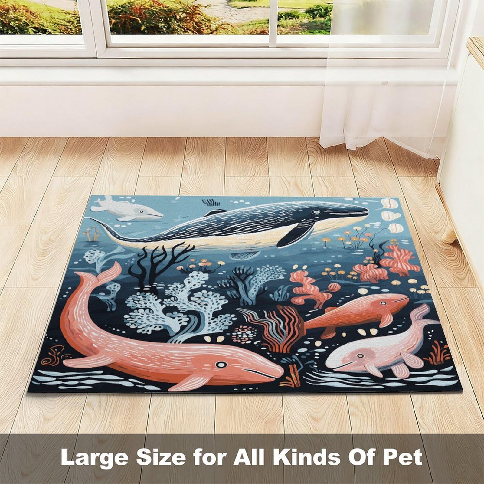 Tapis de nourriture pour chat et animal de compagnie avec baleine, poulpe, poisson, antidérapant, facile à nettoyer pour la nourriture et l'eau, tapis de gamelle pour chien et chat, 61 x 81,3 cm