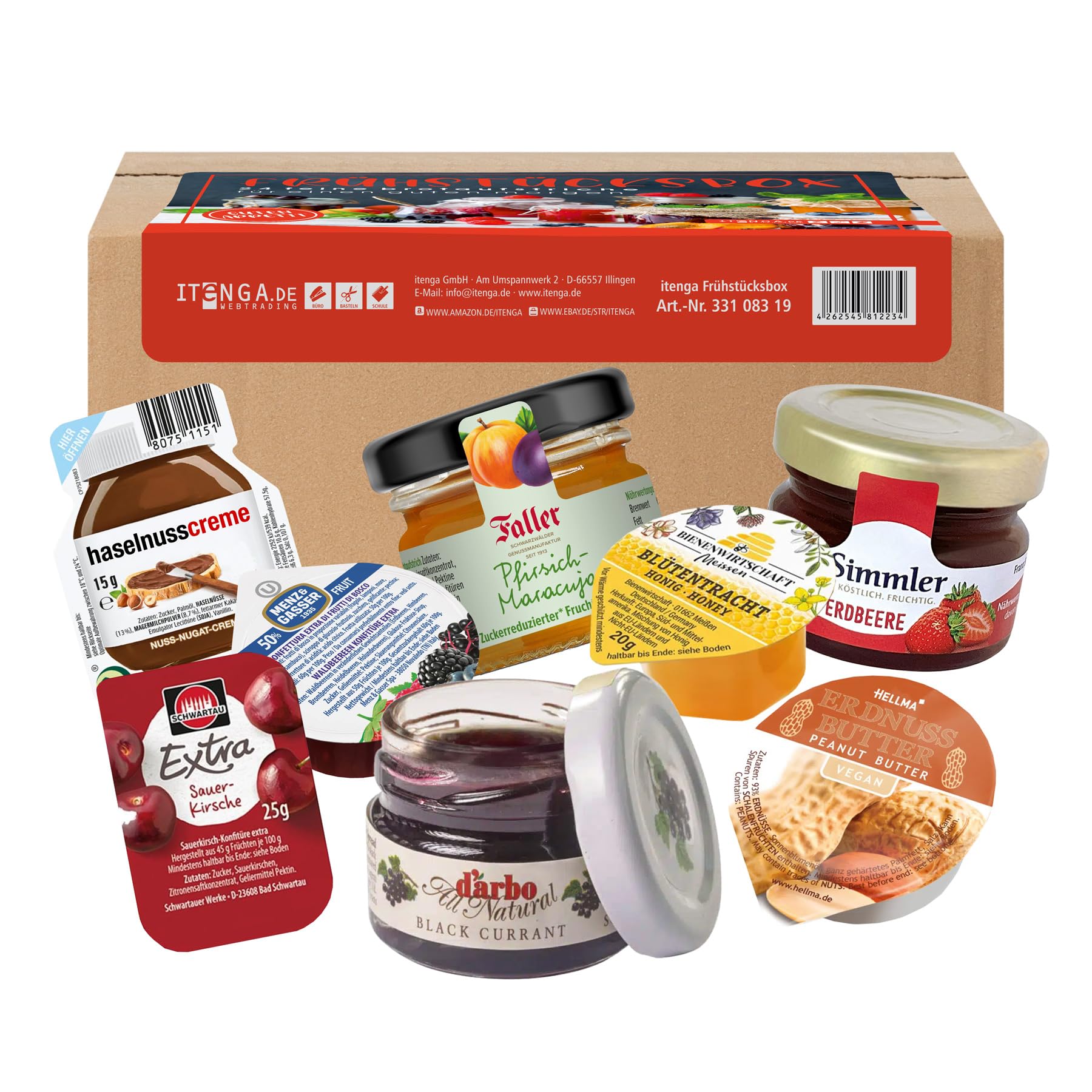 itenga Frühstücksaufstrich Box 24-teilig | Portionsgläser & Portionsbecher | Marmelade, Honig, Nuss-Nougat & Erdnusscreme | Adventskalender-Füllung, Büro & Urlaub - Inhalt 627g