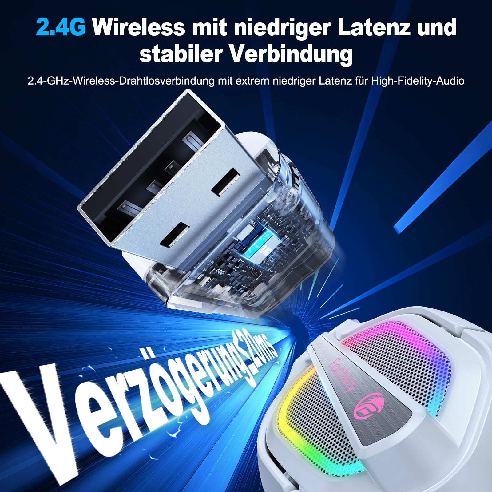 Fachixy FC200 Wireless Gaming Headset, 2.4GHz Bluetooth 5.4 Headset mit Mikrofon für PS5, PS4, PC, Switch, Gaming Kopfhörer Kabellos, Geringe Latenz Noise Cancelling, mit LED Licht, 50H Akkulaufzeit