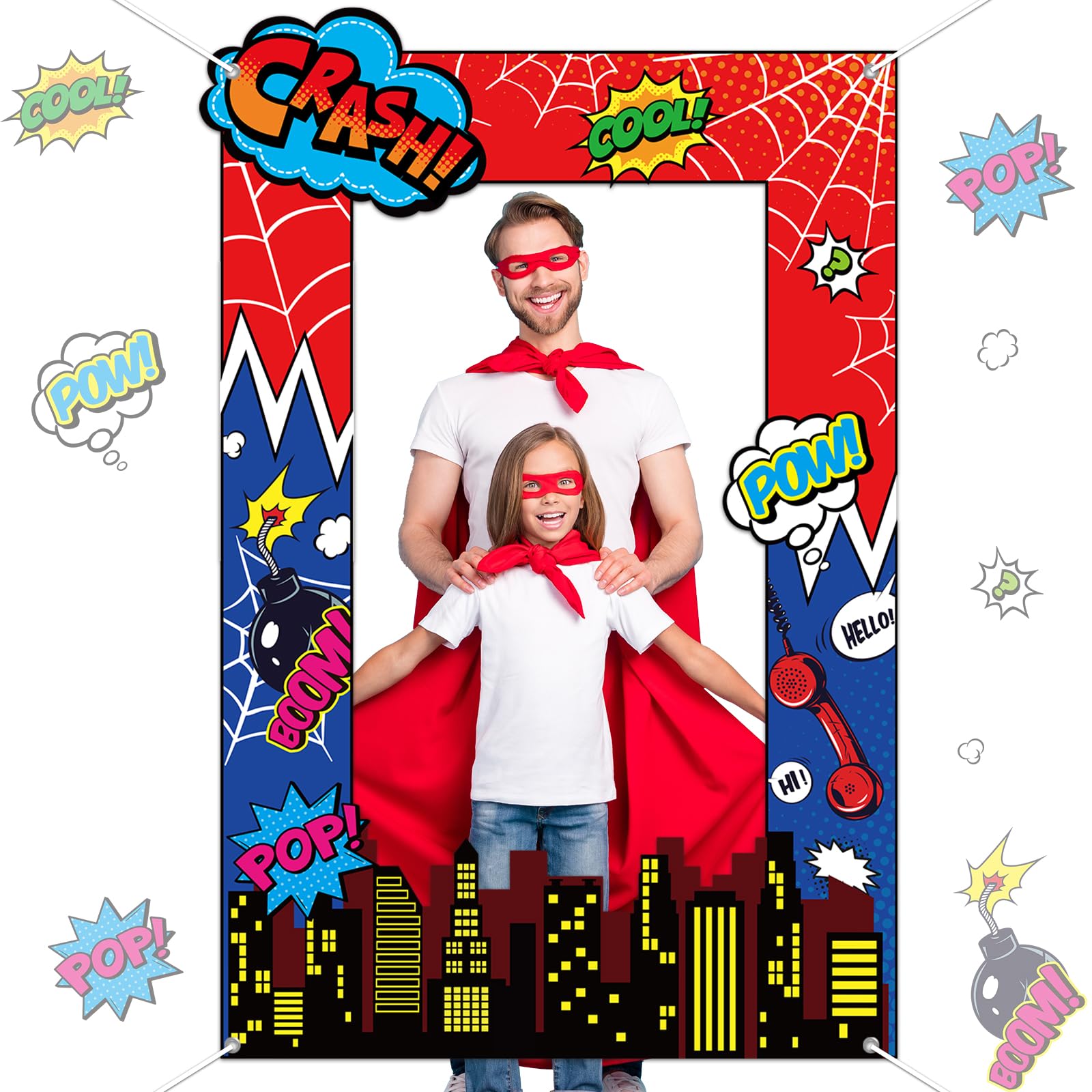 Fabric Comic Hero Photo Prop Super Theme Hero Birthday Party Decoration Red Spider Web Backdrop Banner Cityscape Theme Photo Booth Frame Background for Kids Birthday Party Supplies 62x41inch