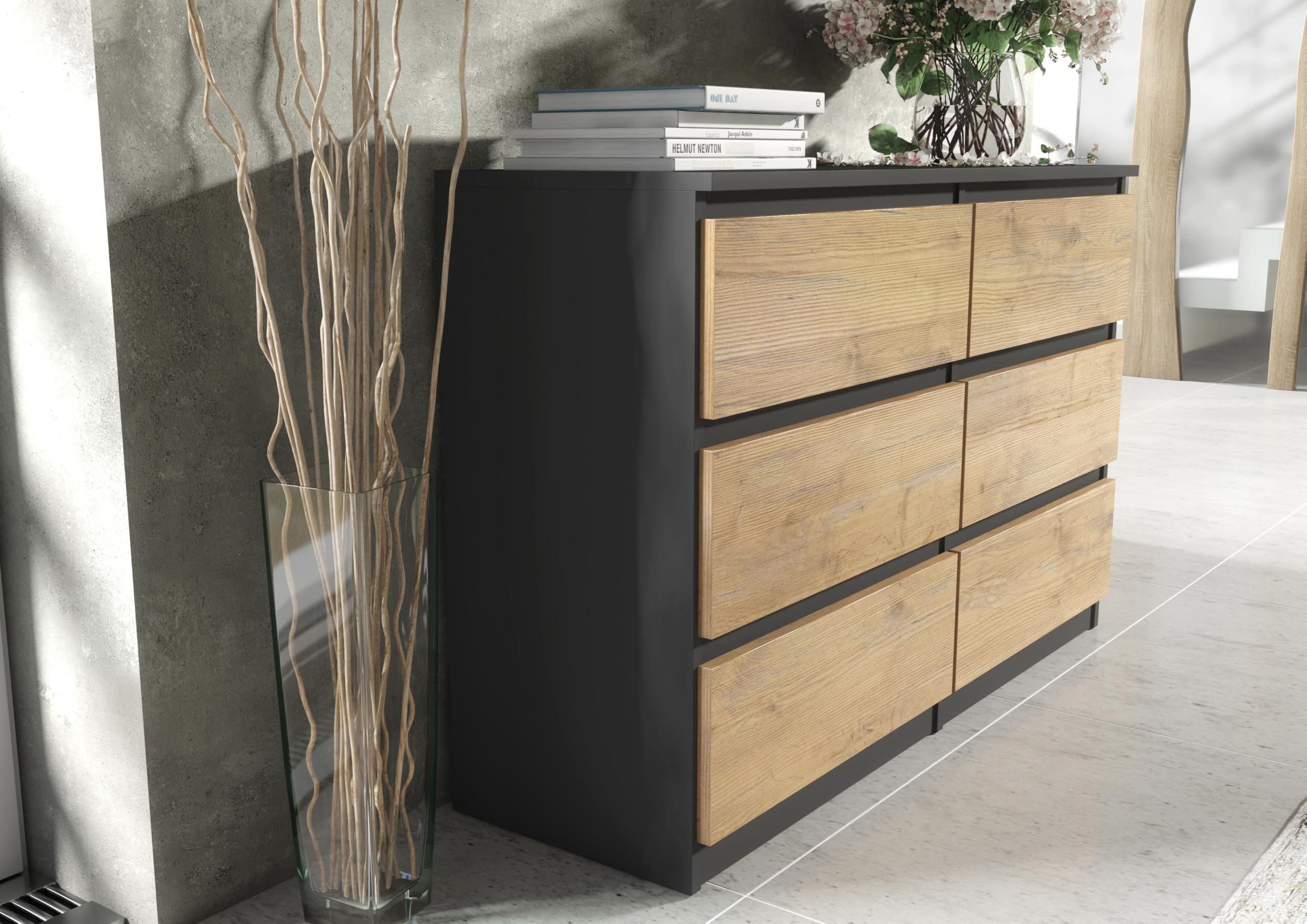 meble masztalerz Komoda Antracyt/Lancelot 120 cm Matowa z 6 szufladami - 120x78,5x39 cm - Komoda do salonu, sypialni - Szafka z szufladami - Komoda z szufladami | Szafa komodowa 120 x 78, 5 x 39 cm, nowoczesna szafa z szufladami, kredens do salonu, przedp