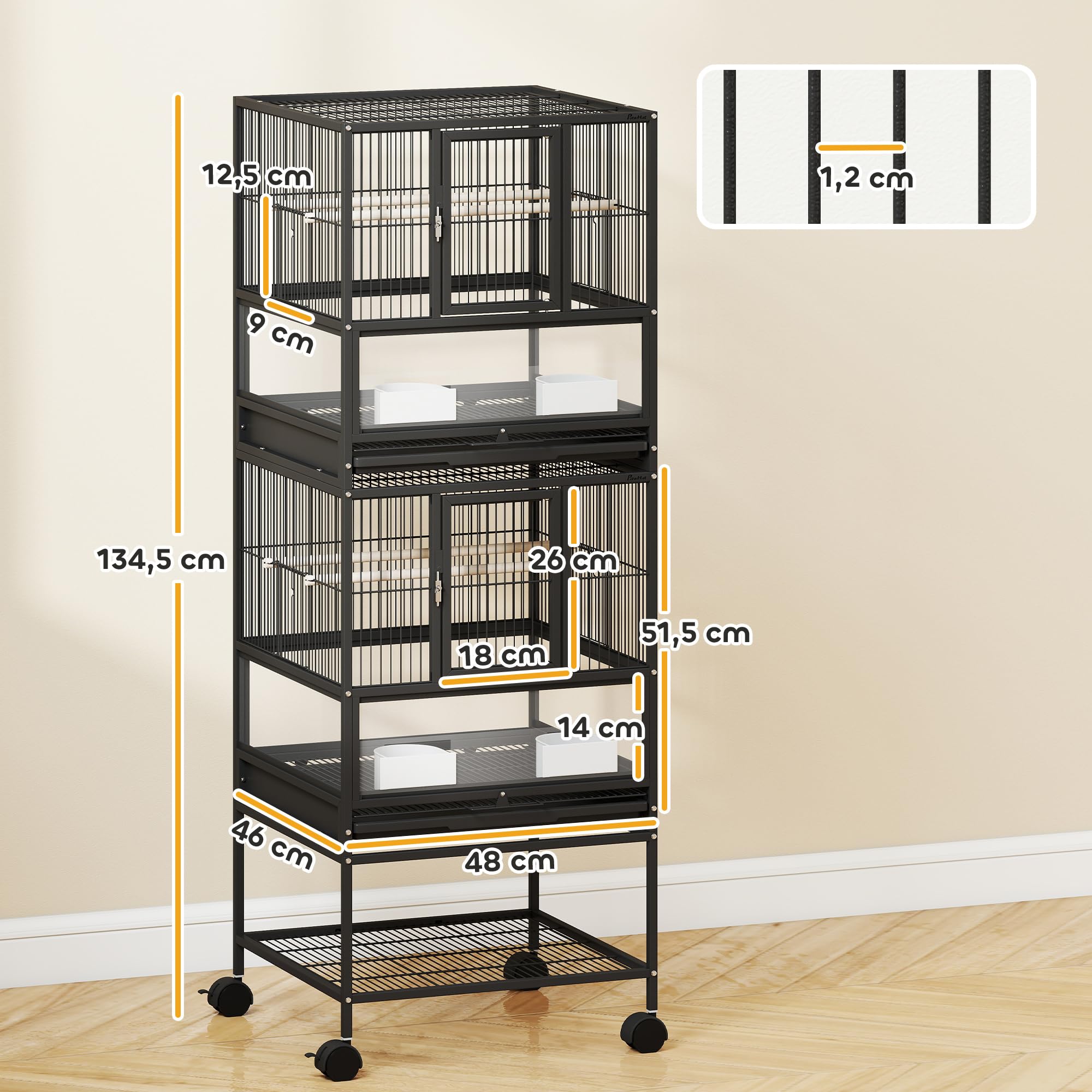 Pawhut Gabbia per uccelli grande gabbia a 2 livelli con ruote pannelli acrilici mangiatoie appendiabiti scaffale vassoi estraibili voliera per pappagalli Canarini 48 x 46 x 134,5 cm nero