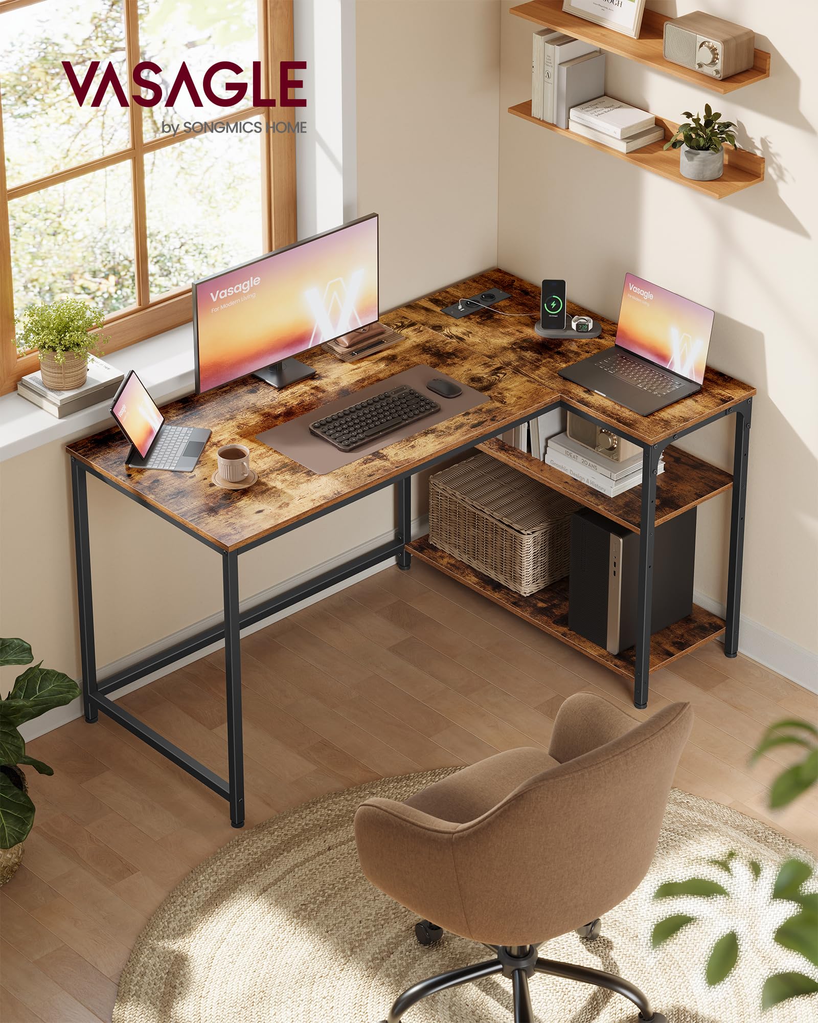VASAGLE Scrivania a L, Scrivania Angolare per Computer con Prese e Porte USB, Ripiani Regolabili, 120 x 80 cm, per Ufficio in Casa, Marrone Vintage, Collezione BARNET LWD132KD01