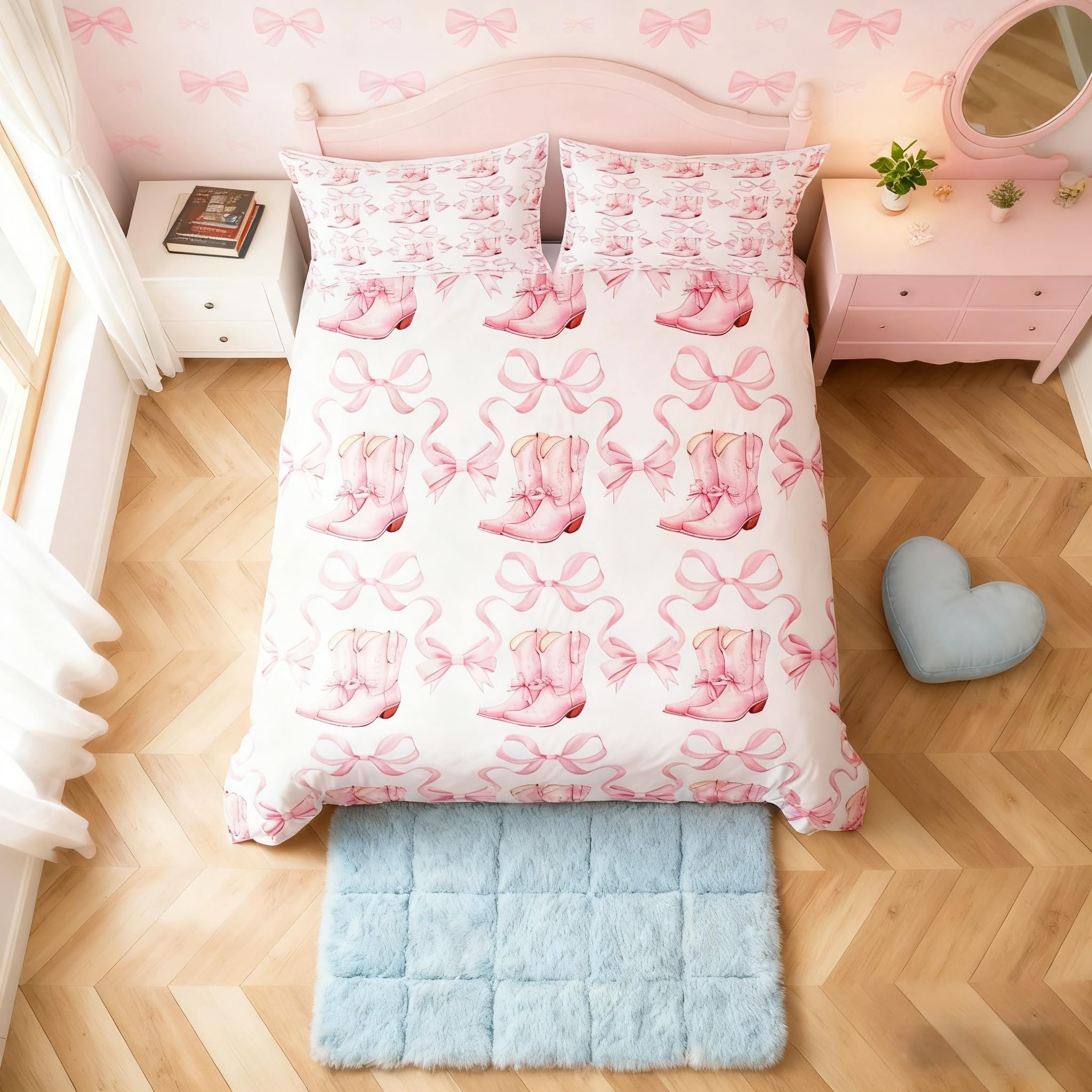 Feelingyou Girls Baby Pink White Cow Boots Kids Duvet Cover Set Single Size,Western Cow Theme Princess Style Bedding Set, Room Decor,Watercolor Pink Bowknot Ribbon Bow-Tie Stripes Quilt Cover,No Comforter
