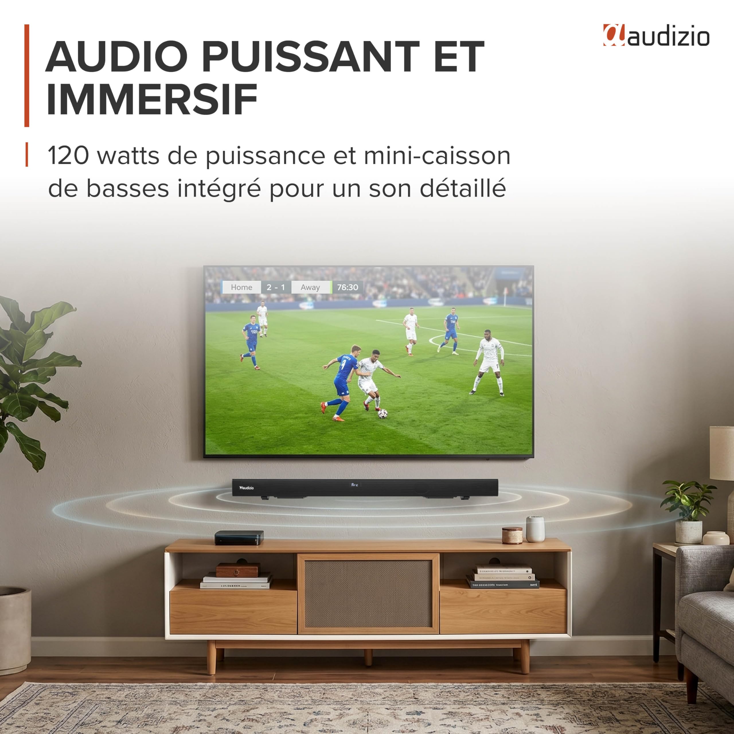 Audizio SB95 Soundbar TV Bluetooth 5.3 HDMI Arc 120W 88 cm Optique Coaxial USB AUX 2 Mini Subwoofers Intégrés
