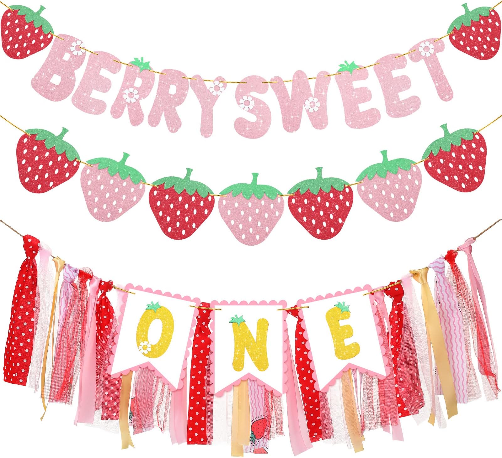 Newwiee 3 Pieces Baby Girl First Birthday Banners Strawberry Theme High Chair Banner Sweet First Birthday Banner 1st Birthday Photo Backdrop Decorations