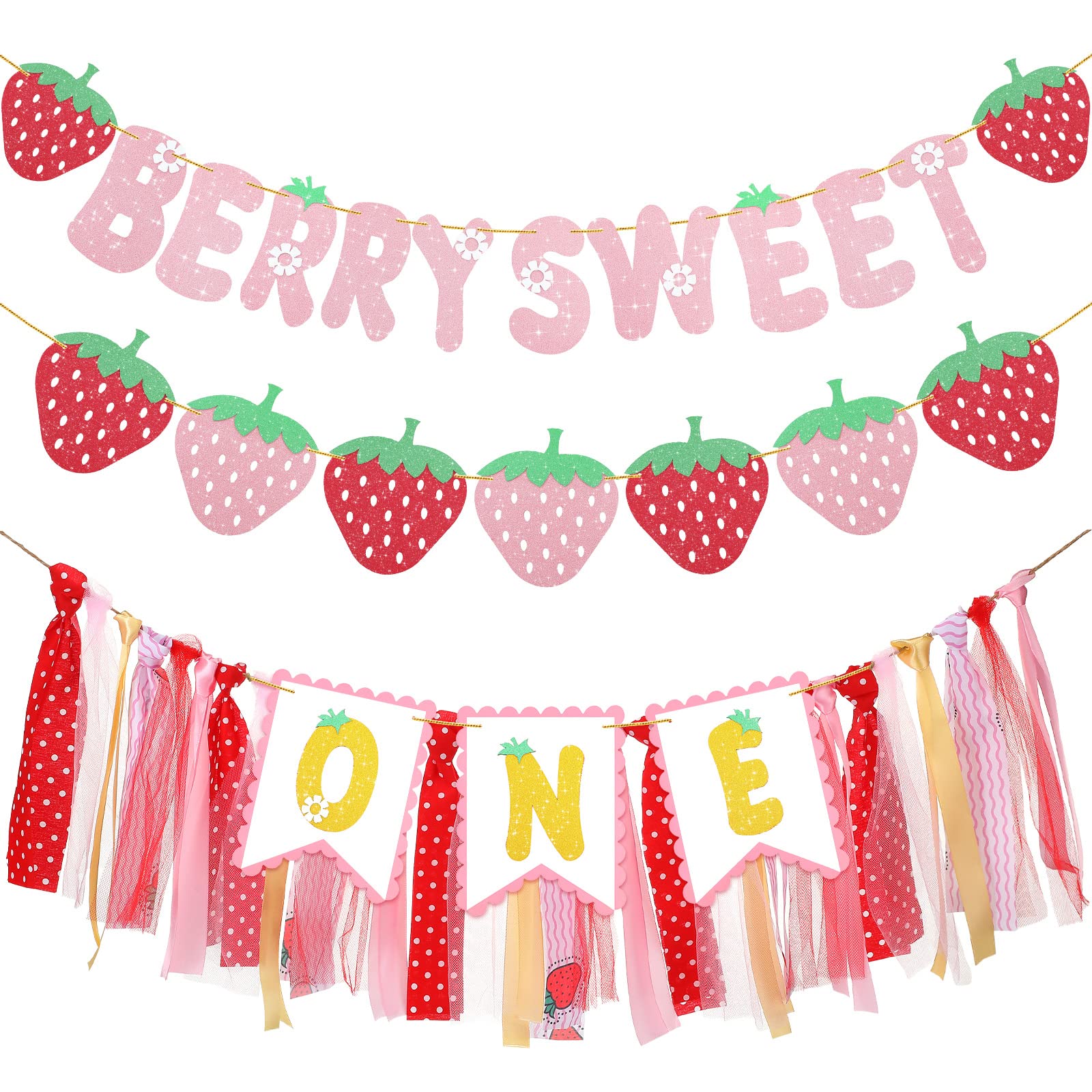 Newwiee 3 Pieces Baby Girl First Birthday Banners Strawberry Theme High Chair Banner Sweet First Birthday Banner 1st Birthday Photo Backdrop Decorations