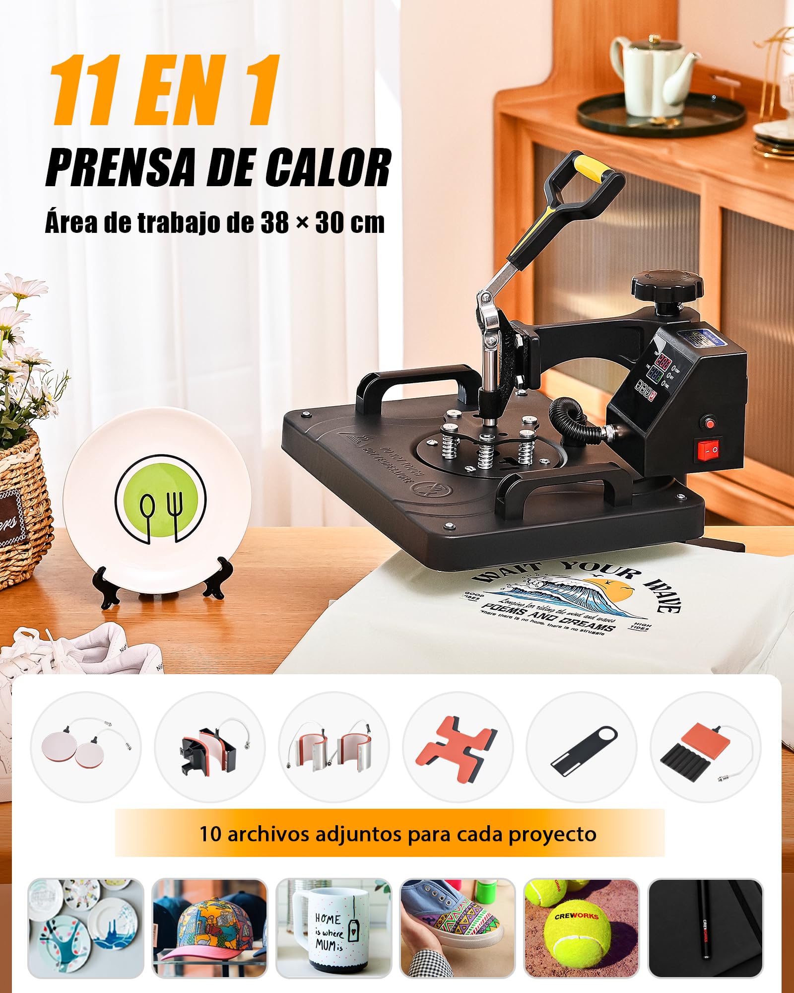 CREWORKS Prensa de Calor 38x30 cm, Maquina de Sublimacion 11 en 1 con Control Digital, Tubos de Calefacción Dual para para Camisetas, Tazas, Sombreros, Platos, Zapatos, Bolígrafo