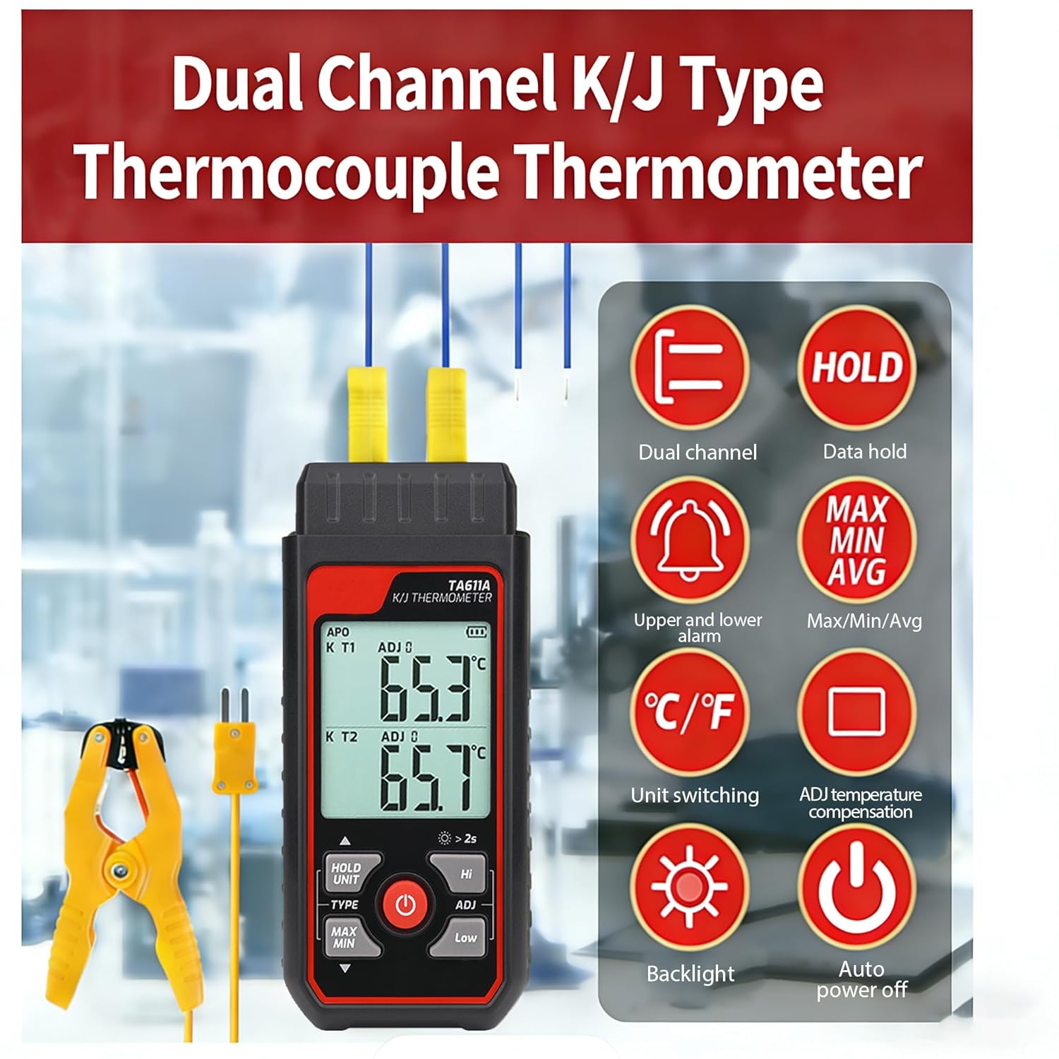 Thermocouple Thermometer, Digital Dual-Channel Thermometer(-328°F ~ 2501°F) with 1 HVAC Temperature Clamp and 2 Wired Thermocouple Probes, HVAC Temperature Meter with ADJ Compensation for K/J Type