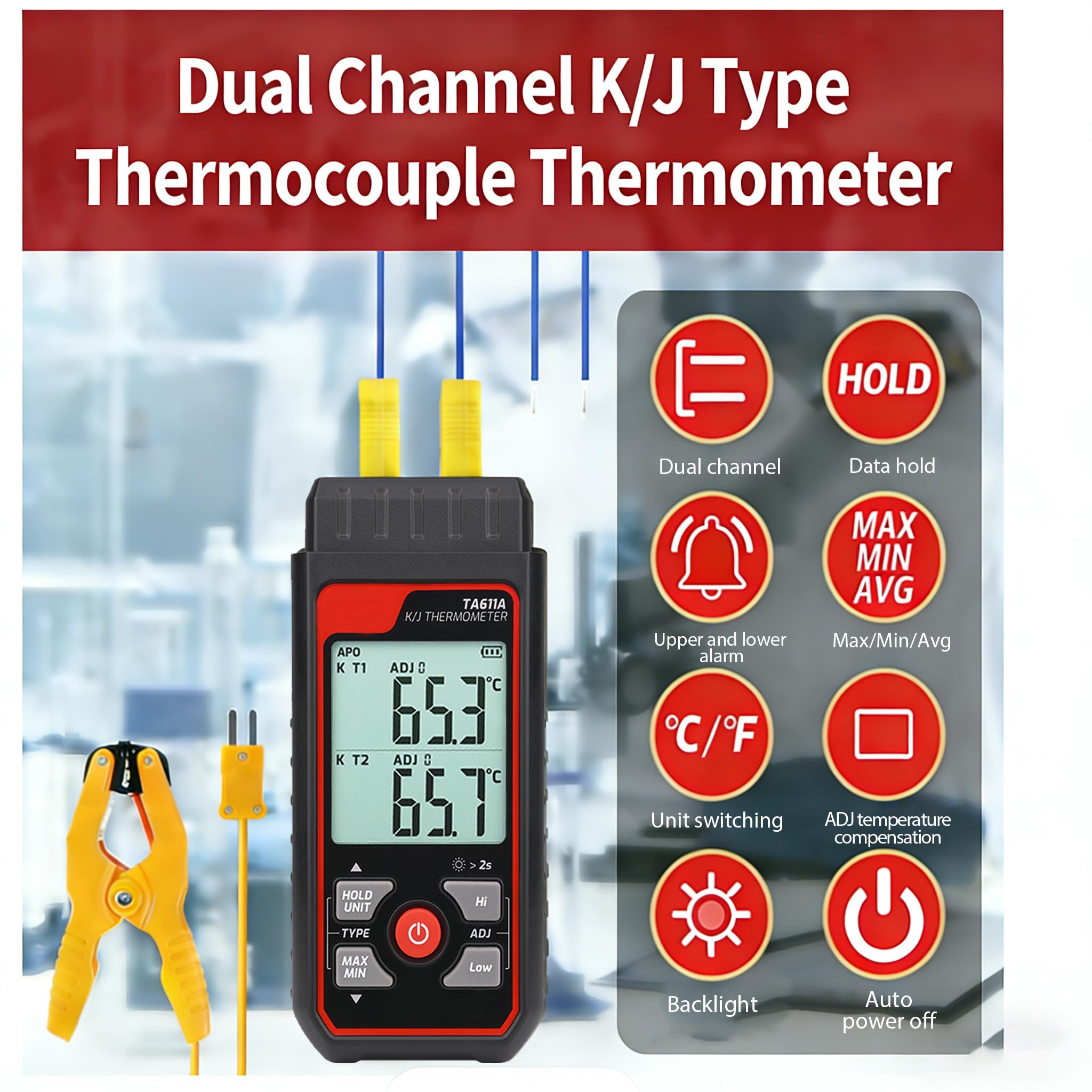 Termometro a termocoppia, termometro digitale a doppio canale (-200 °C ~ 3000 °F) con 1 morsetto per temperatura HVAC e 2 sonde termocoppie cablate, misuratore di temperatura HVAC con compensazione