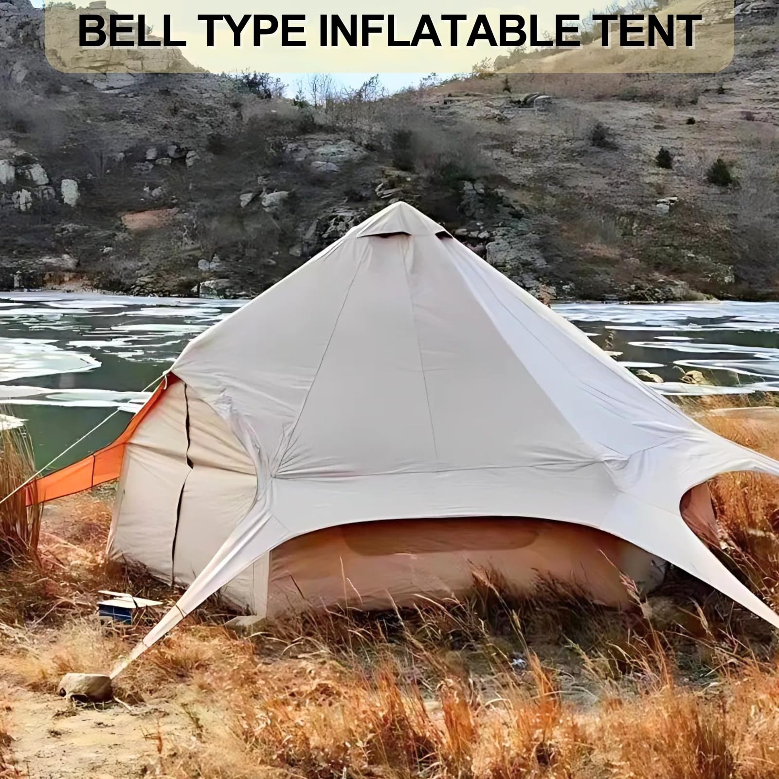 Inflatable Tents for Camping, Cotton Canvas Material Yurt Tent, Easy Setup & Portable Blow up Bell Tent with Stove Jack, Ideal for 4-6 Person, Beige