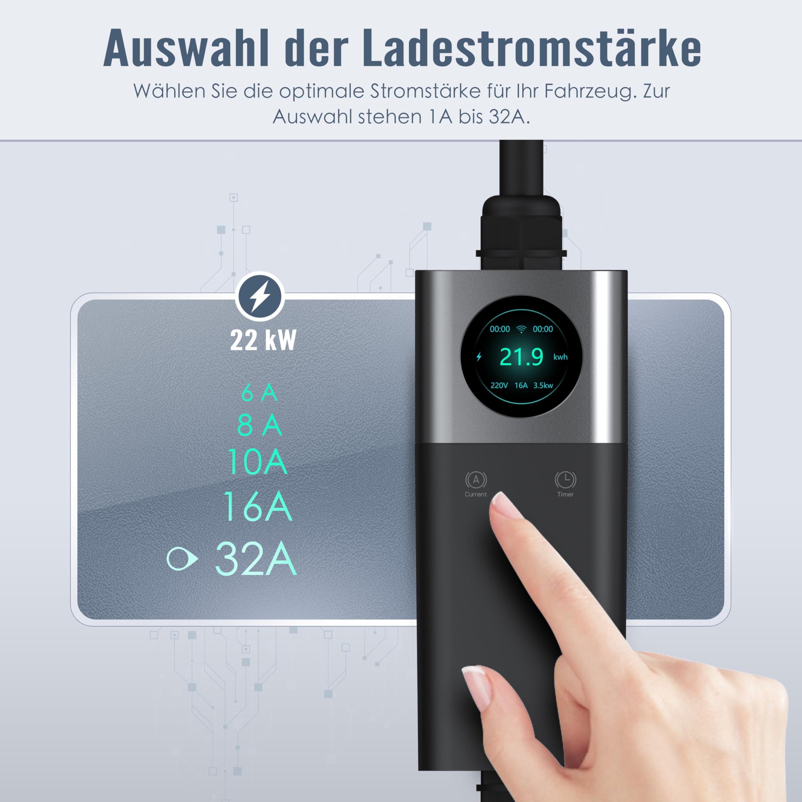 Mobile Wallbox 22kW, Tragbares Elektroauto Ladegerät Typ 2 (6A-32A Einstellbar), 7m Ladekabel, CEE Stecker, IP66 Wasserdicht, Plug & Play, für VW ID, Tesla, Hyundai, Renault