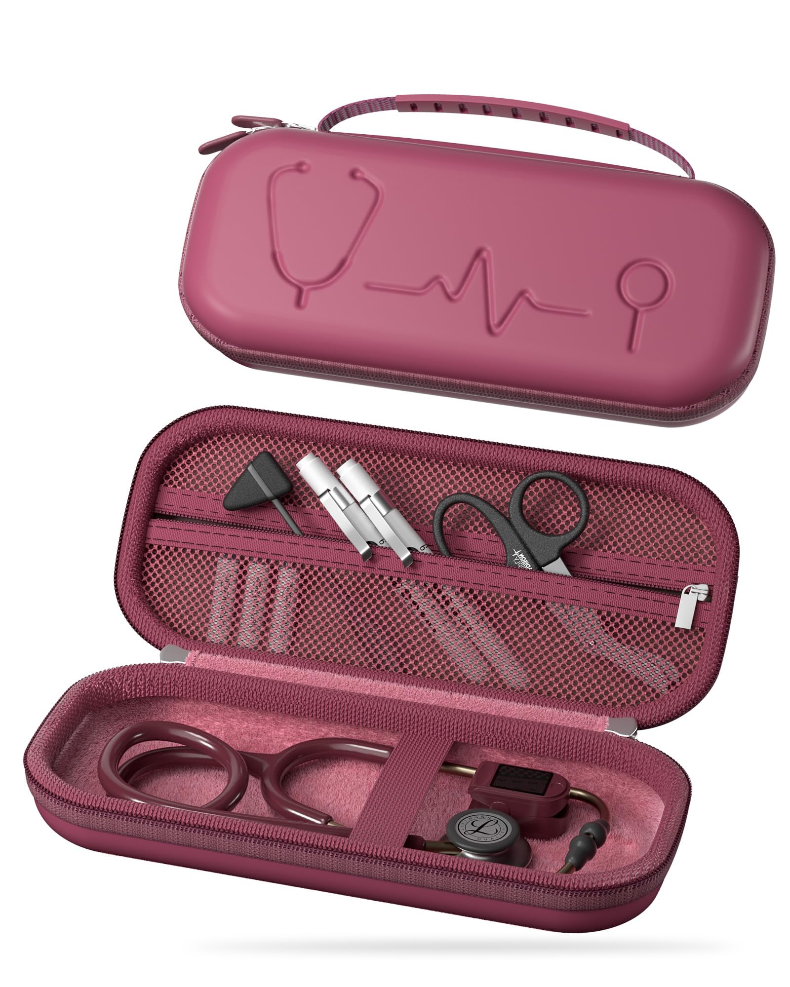 ProCase 聴診器ケース 耐衝撃 ハードEVA 収納ポーチ Littmann Cardiology対応 メッシュポケット付き - ラズベリー | Classic III Lightweight III IV MDF Acoustica等対応, ベルベット裏地, 弾性固定バンド, 軽量コンパクト, 持ち手付き, 医療従事者への贈り物に