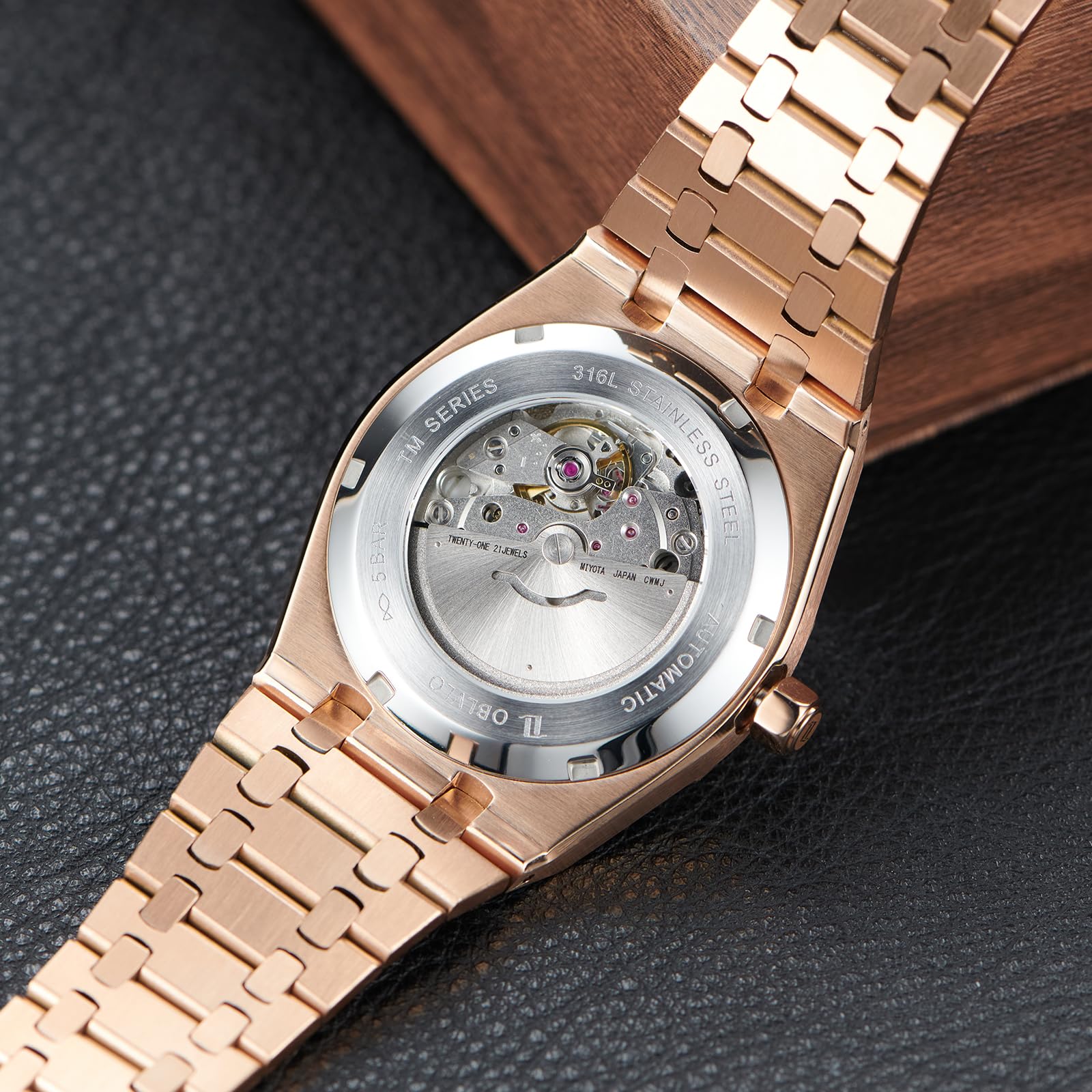 OBLVLO Orologio meccanico da uomo, in acciaio inox 316L, luminoso, 50 m, impermeabile, automatico, TM-ASP