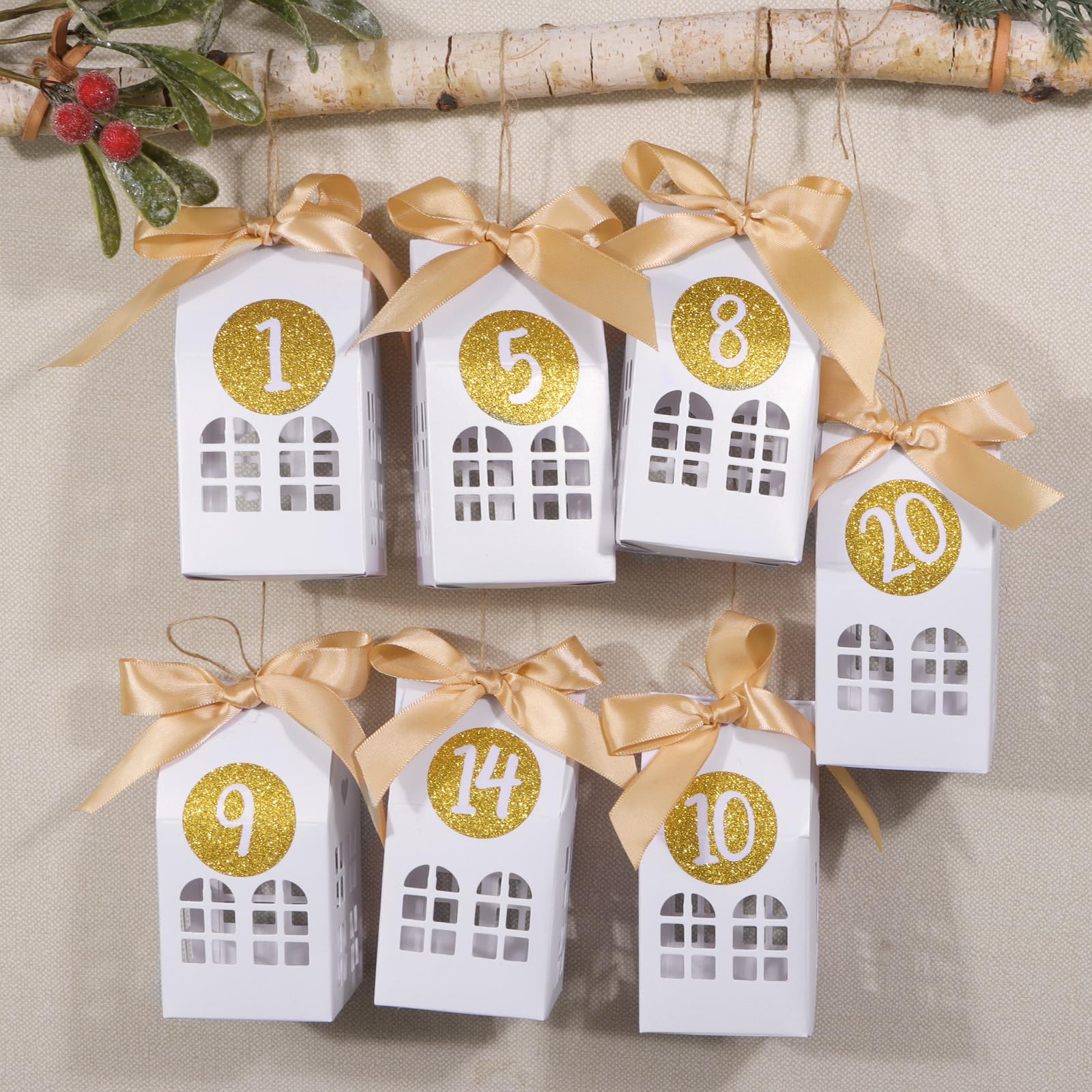 24 Boîtes Cadeau Noël En Forme De Maison Verte Avec Ruban Doré – Idéal Pour Bonbons, Chocolats, Biscuits Et Petits Cadeaux De L'Avent