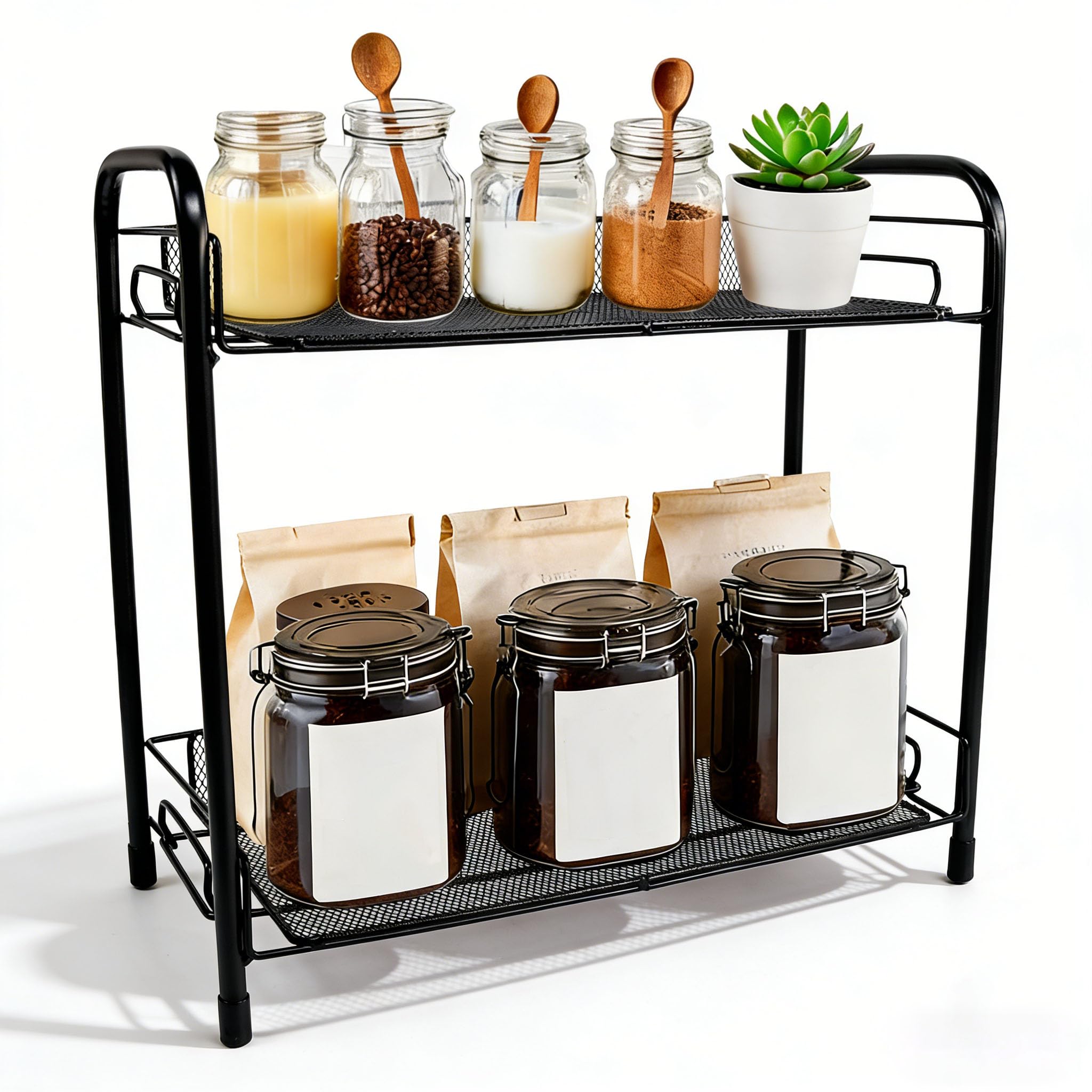 Vurixfo Black 2 Tier Coffee Station Organizer, Kitchen Spice Rack Hot Chocolate Station Stand Metal Kitchen Counter Shelf For Bathroom Kitchen Office Coffee Bar Accessories Organiser,