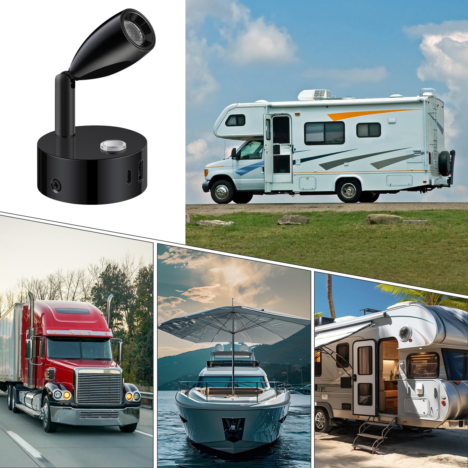 ERWEY 2er 12V LED Leselampe Wohnmobil, Stufenlose Helligkeit & 3 Farbtemperatur Modi Bettlampe, Wandlampe mit Ladefunktion USB A+C-Anschlüssen, für Auto Van Wohnwagen Innenbeleuchtung, Schwarz