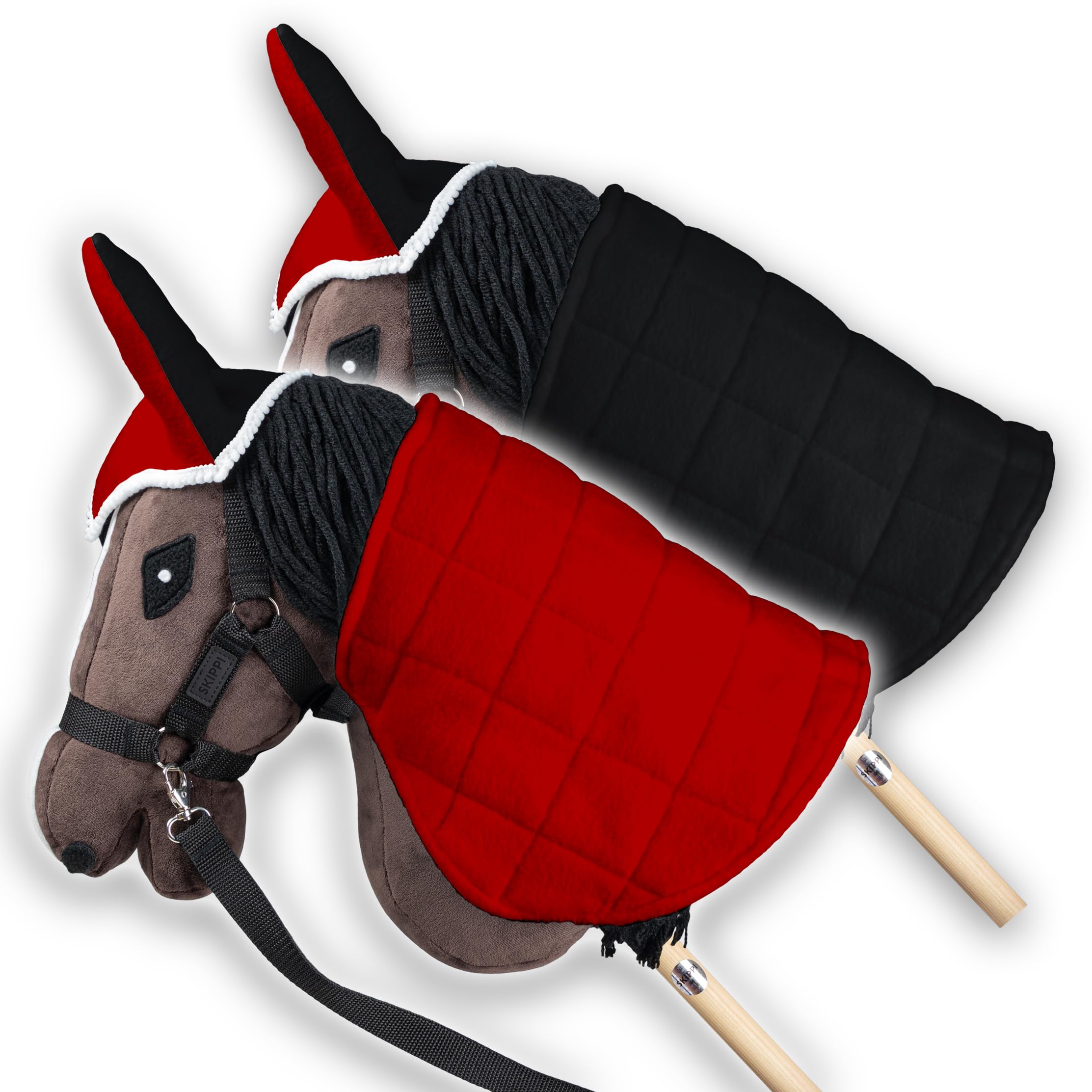 SKIPPI Coperta e Cuffietta per Hobby Horse - Rosso e Nero, Reversibile Hobby Horse Accessori, Cuffia Bicolore e Coperta Antimosche per Cavallo con Bastone