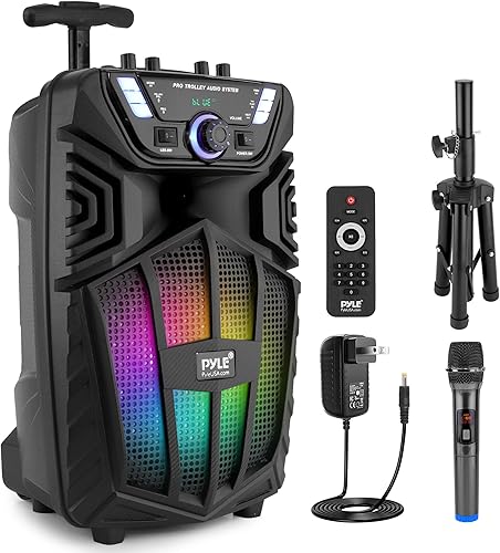 Pyle Altavoz PA Bluetooth portátil de 480 W, altavoz de karaoke recargable de 8 pulgadas, sistema de audio con micrófono inalámbrico y ruedas, TWS,