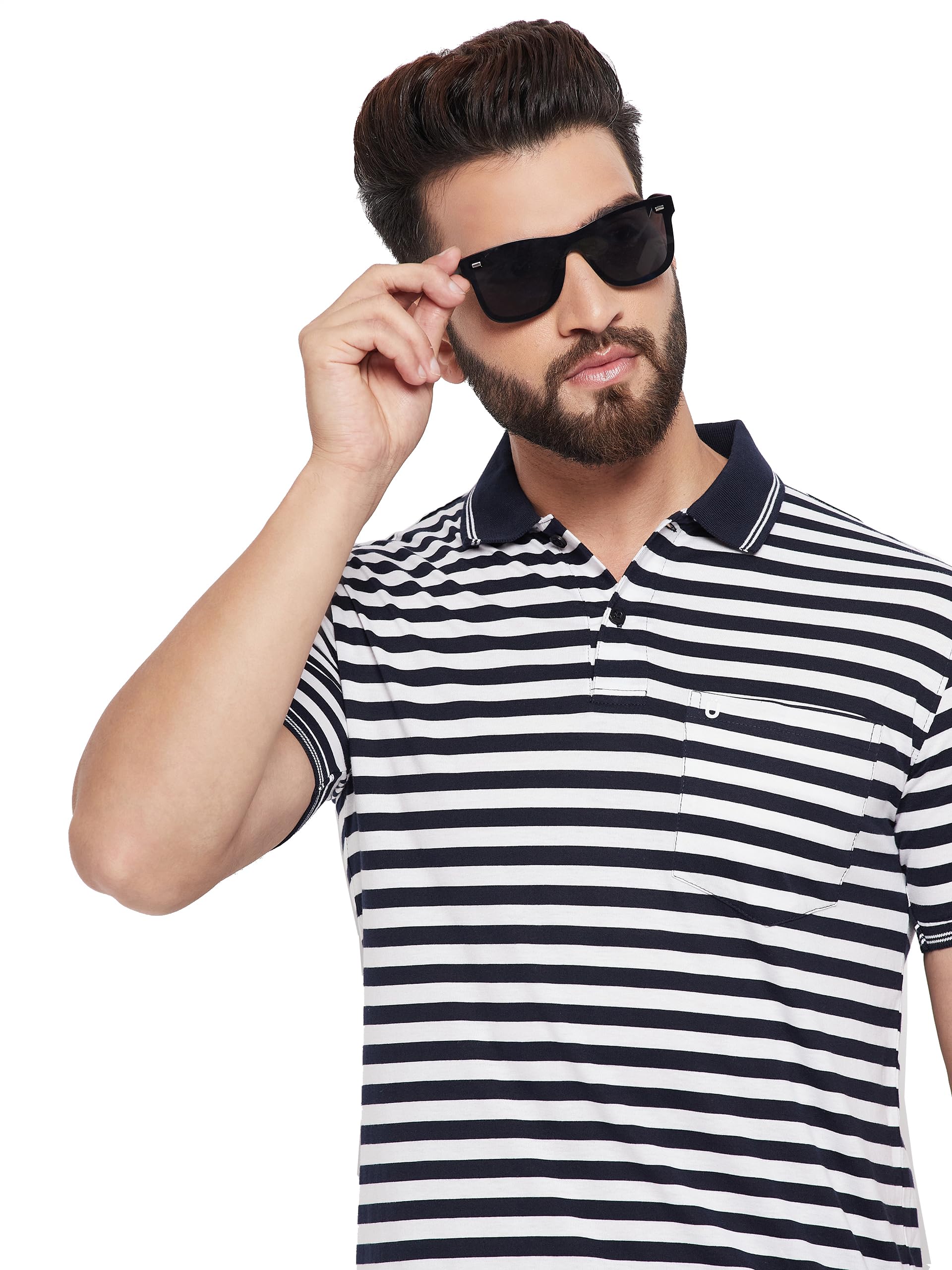 uniberry Men's Cotton Blend Half Sleeve Striper Polo Neck T-Shirt Has A Short Sleeve & Pocket On Chest-REMT3-NW_XXL Navy White-picture-45