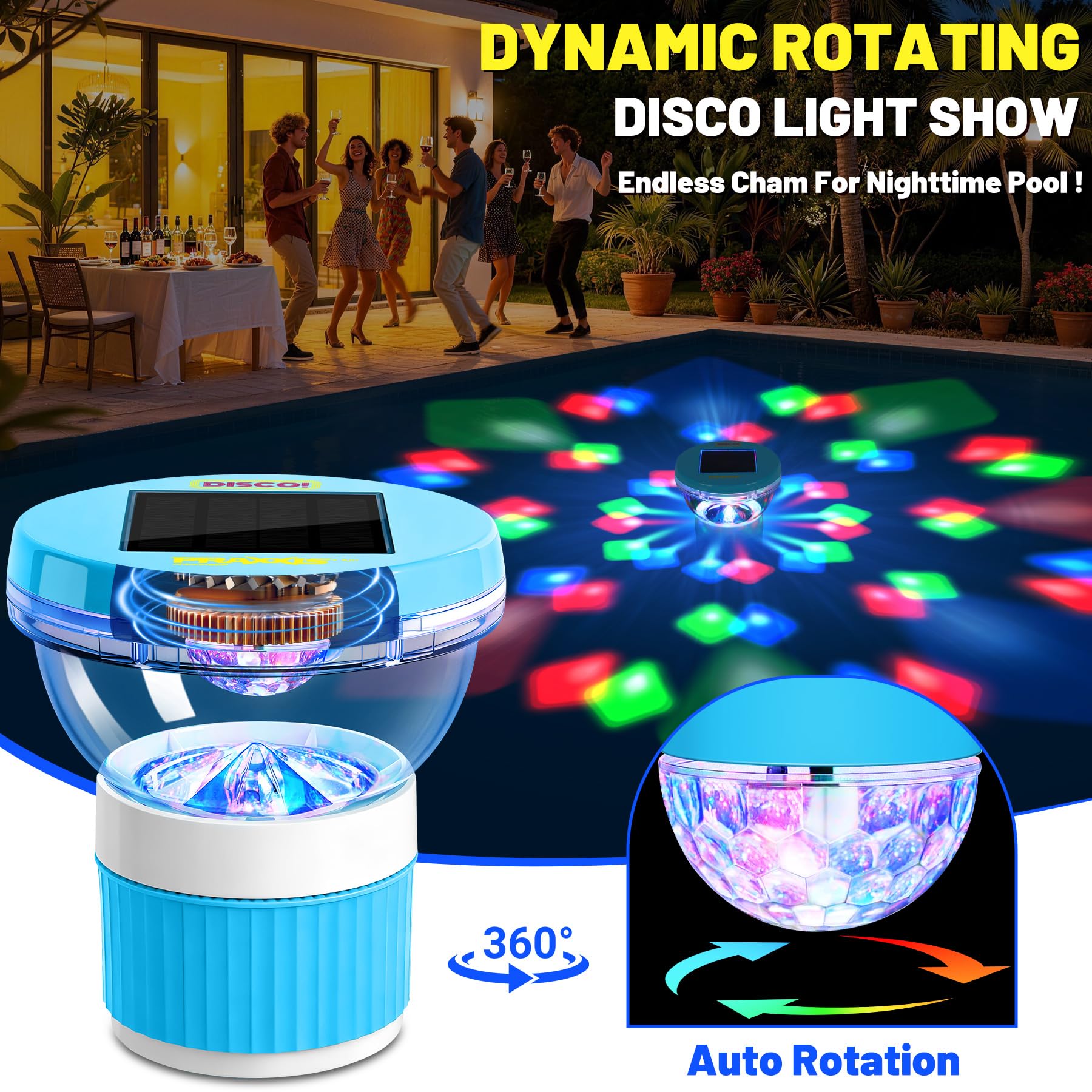PRAXXIS Galleggiante solare per cloro con luce rotante da discoteca, flusso regolabile, dispenser di cloro galleggiante per piscina, galleggiante per cloro per piscina, galleggiante per cloro per