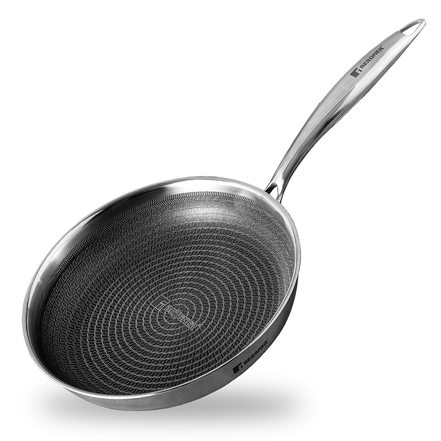 Bergner Hitech Triply Non-Stick 20cm Frypan, Small Nonstick Frying Pan with Mesh Pattern Inside, Rivetless Handles, Metal Spatula Friendly, Even Heat Distribution, Induction Bottom and Gas Stove Ready